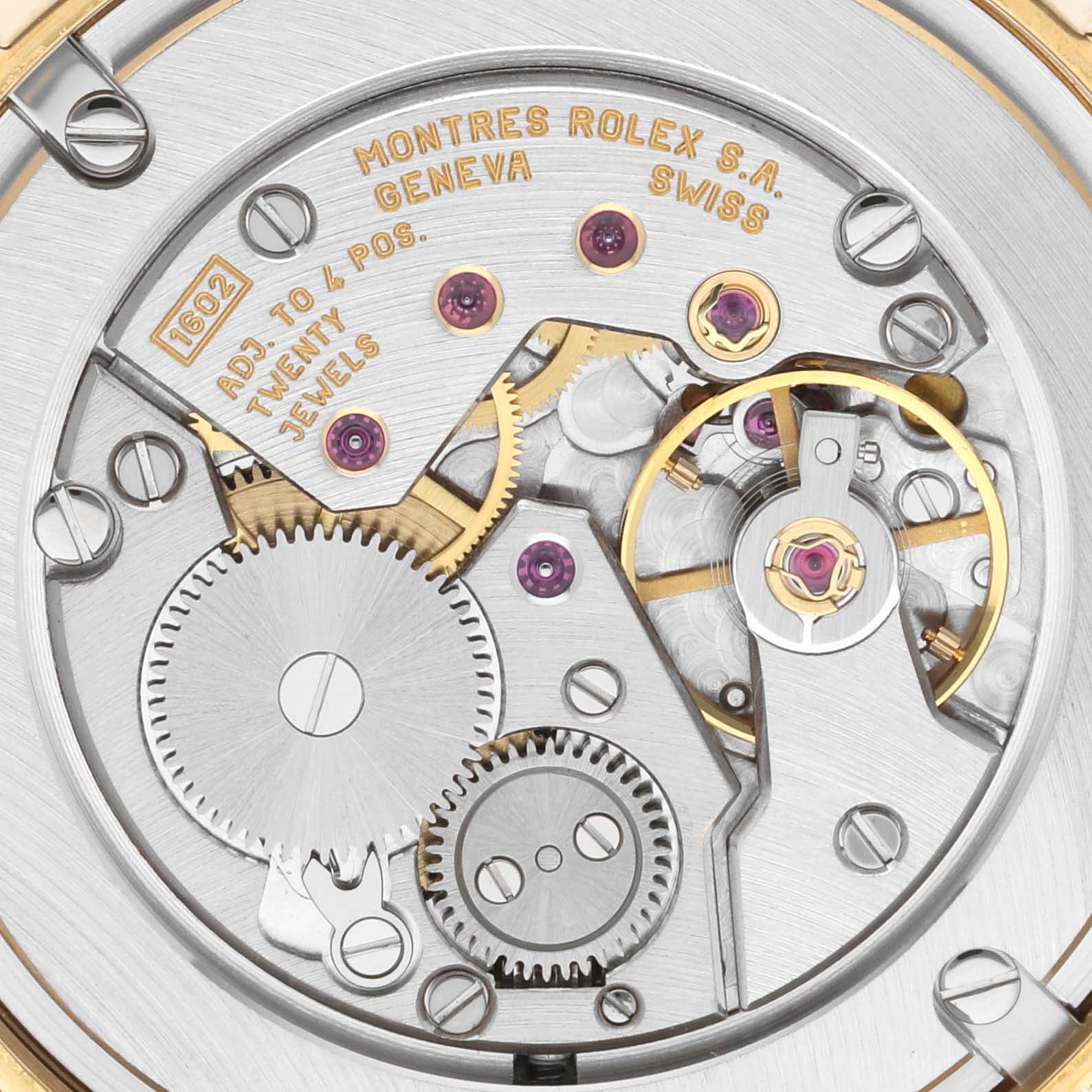 The image shows the inner mechanical movement of a Rolex Cellini 5115 Men's Yellow Gold Silver Dial 5115 Men's Yellow Gold Silver Dial watch, viewed from the back.