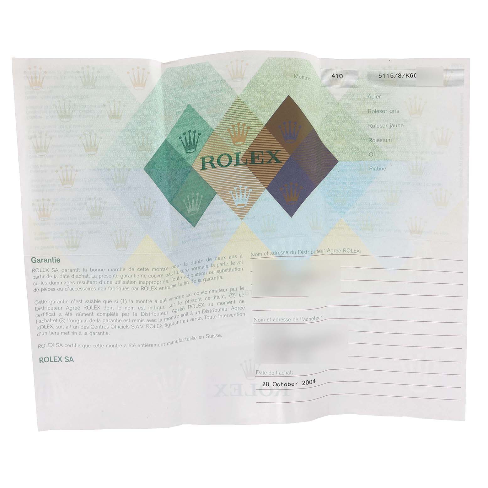 The image shows the warranty card and documentation for a Rolex Cellini 5115 Men's Yellow Gold Silver Dial 5115 Men's Yellow Gold Silver Dial watch, including details like the model number and purchase date.