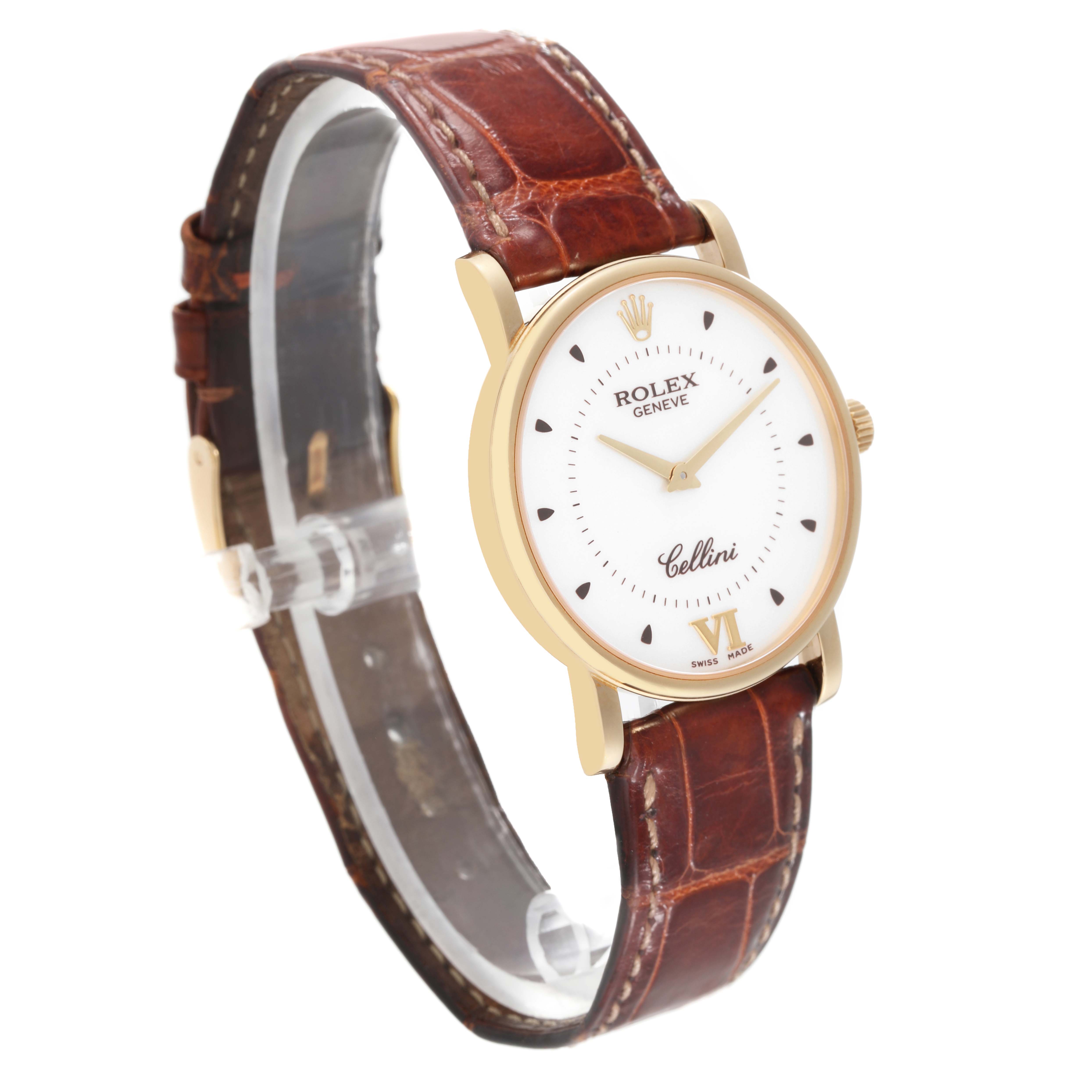 The image shows a Rolex Cellini 5115 Men's Yellow Gold Silver Dial 5115 Men's Yellow Gold Silver Dial watch angled from the front left side, displaying the dial, case, and leather strap.