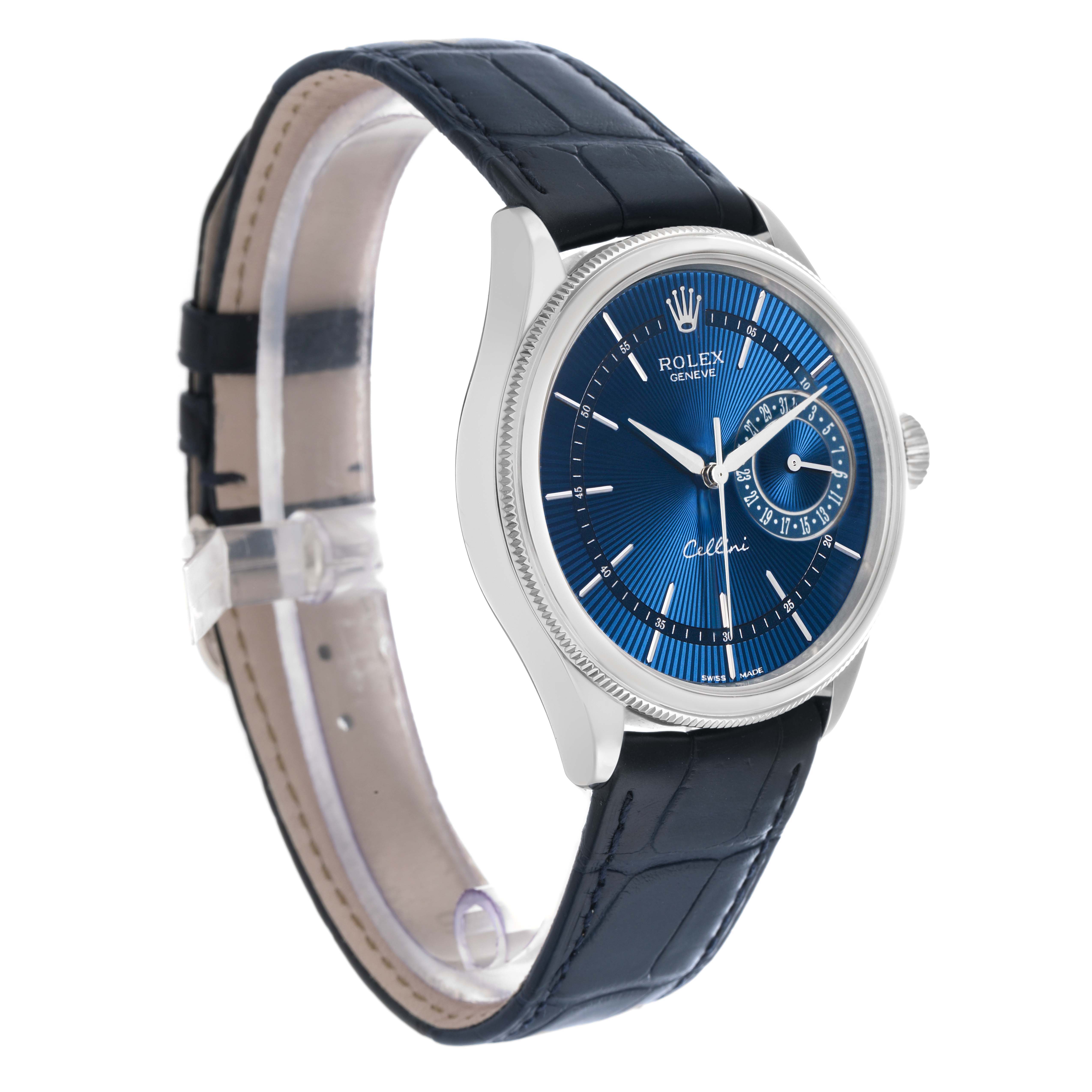 The Rolex Cellini 50519 Men
s White Gold Blue Dial watch is shown at a three-quarter angle, displaying its blue dial, silver case, and black leather strap.