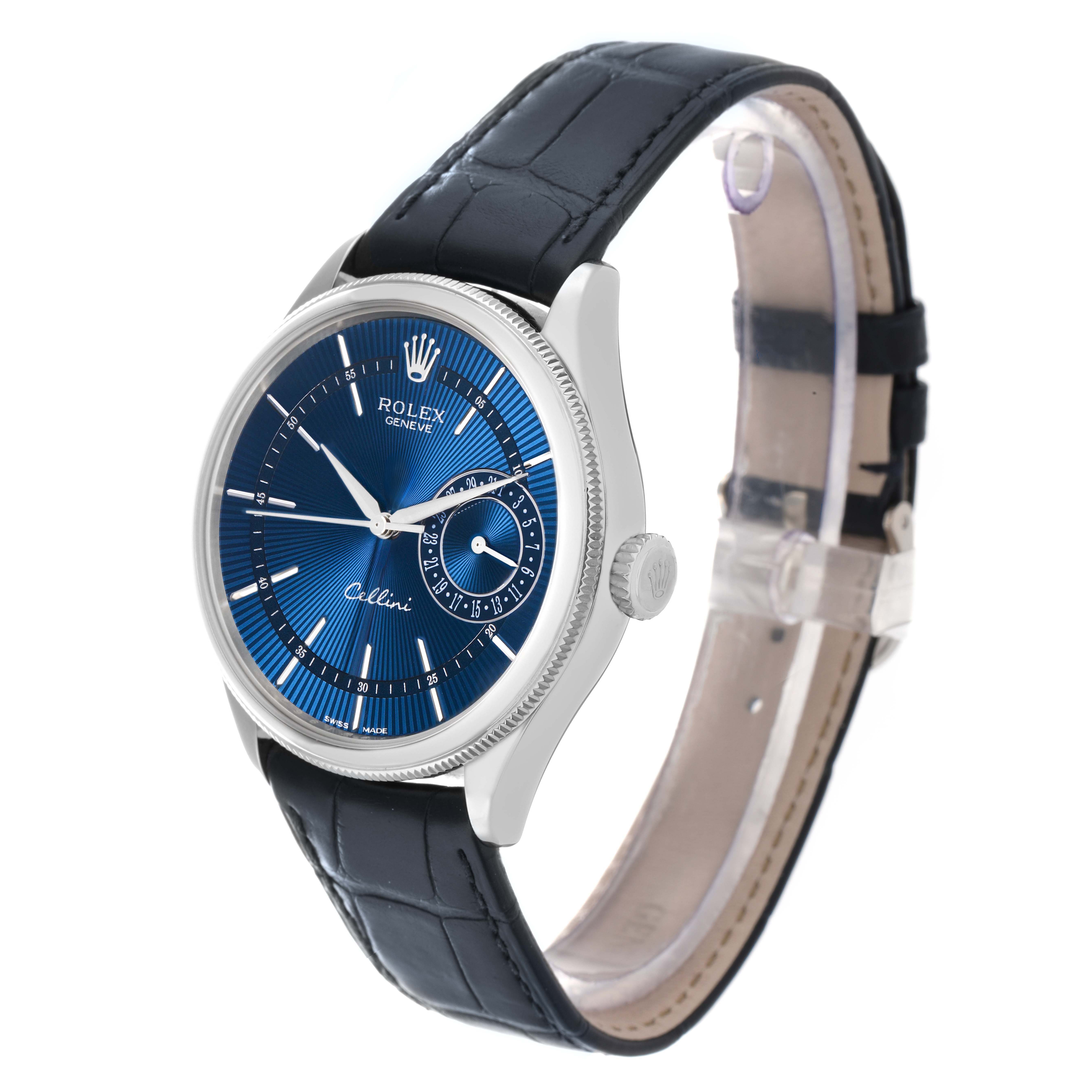 The Rolex Cellini 50519 Men
s White Gold Blue Dial watch is shown at a three-quarter angle, highlighting the face, bezel, and leather strap.