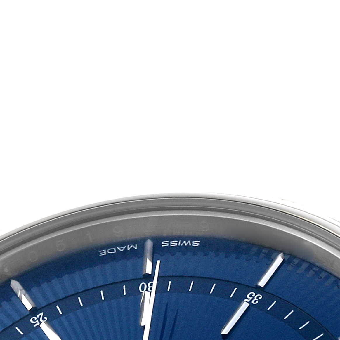 The image shows a close-up of the Rolex Cellini 50519 Men
s White Gold Blue Dial watch face, highlighting the dial, hour markers, and part of the bezel.