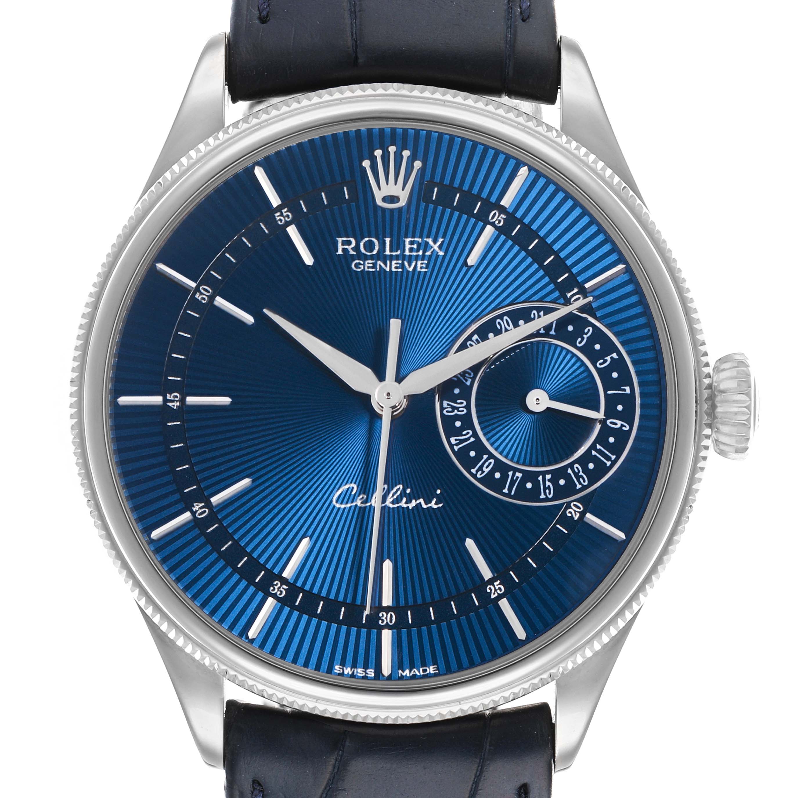 The Rolex Cellini 50519 Men
s White Gold Blue Dial watch is shown from a front angle, displaying the dial, hands, markers, and crown.