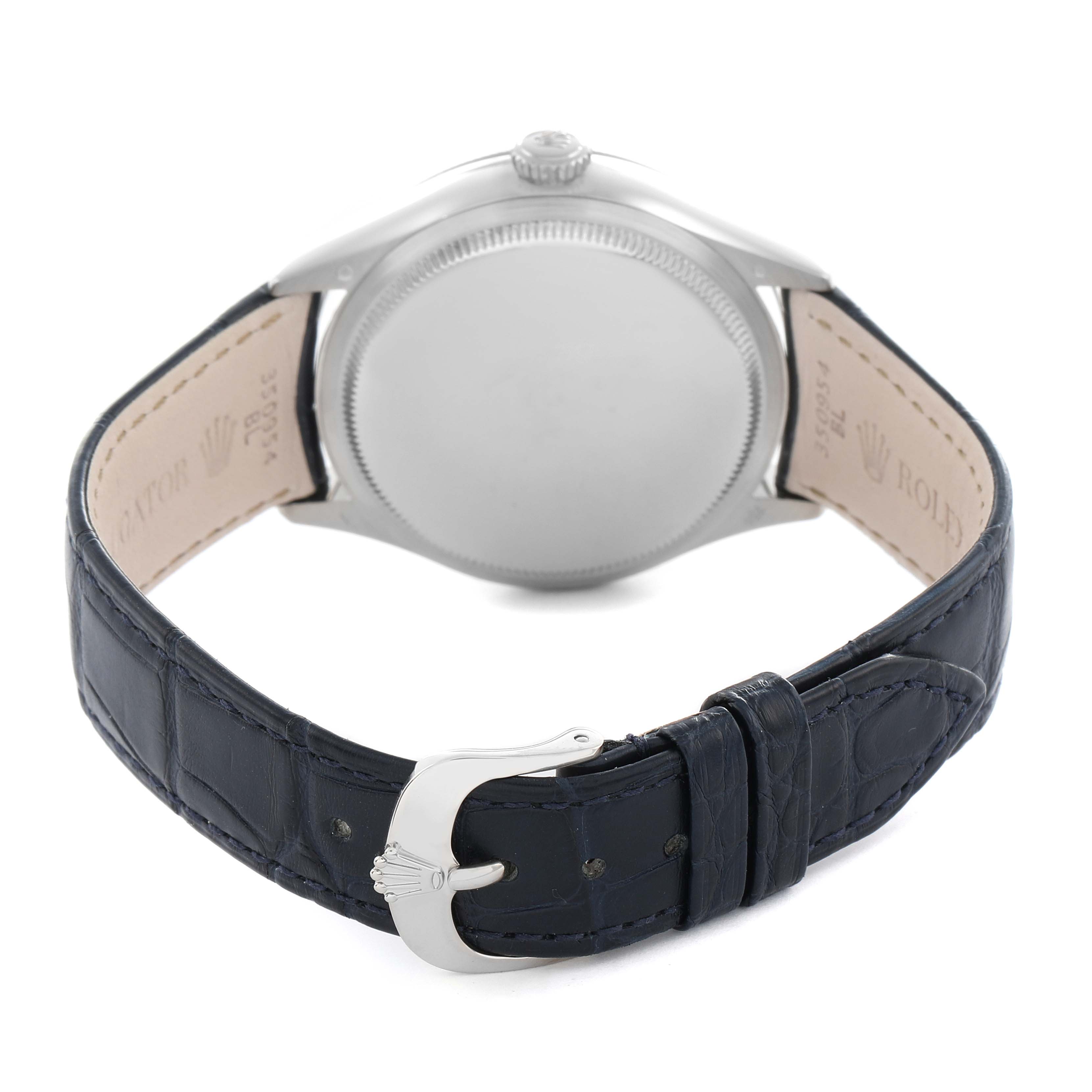 The image shows the back of the Rolex Cellini 50519 Men
s White Gold Blue Dial watch, highlighting the strap, clasp, and case back.