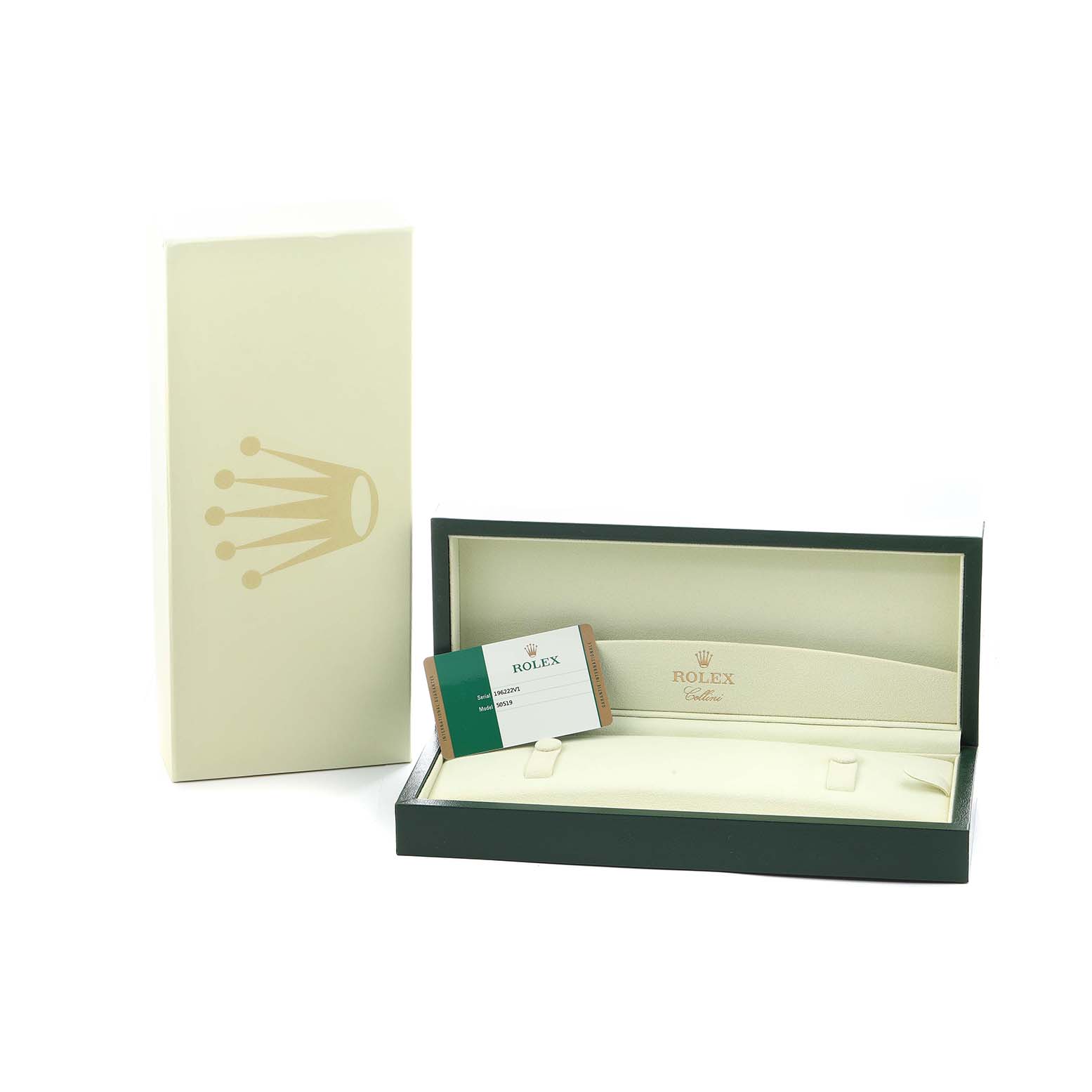 The image shows a Rolex Cellini 50519 Men
s White Gold Blue Dial watch box, an outer sleeve, and a guarantee card.
