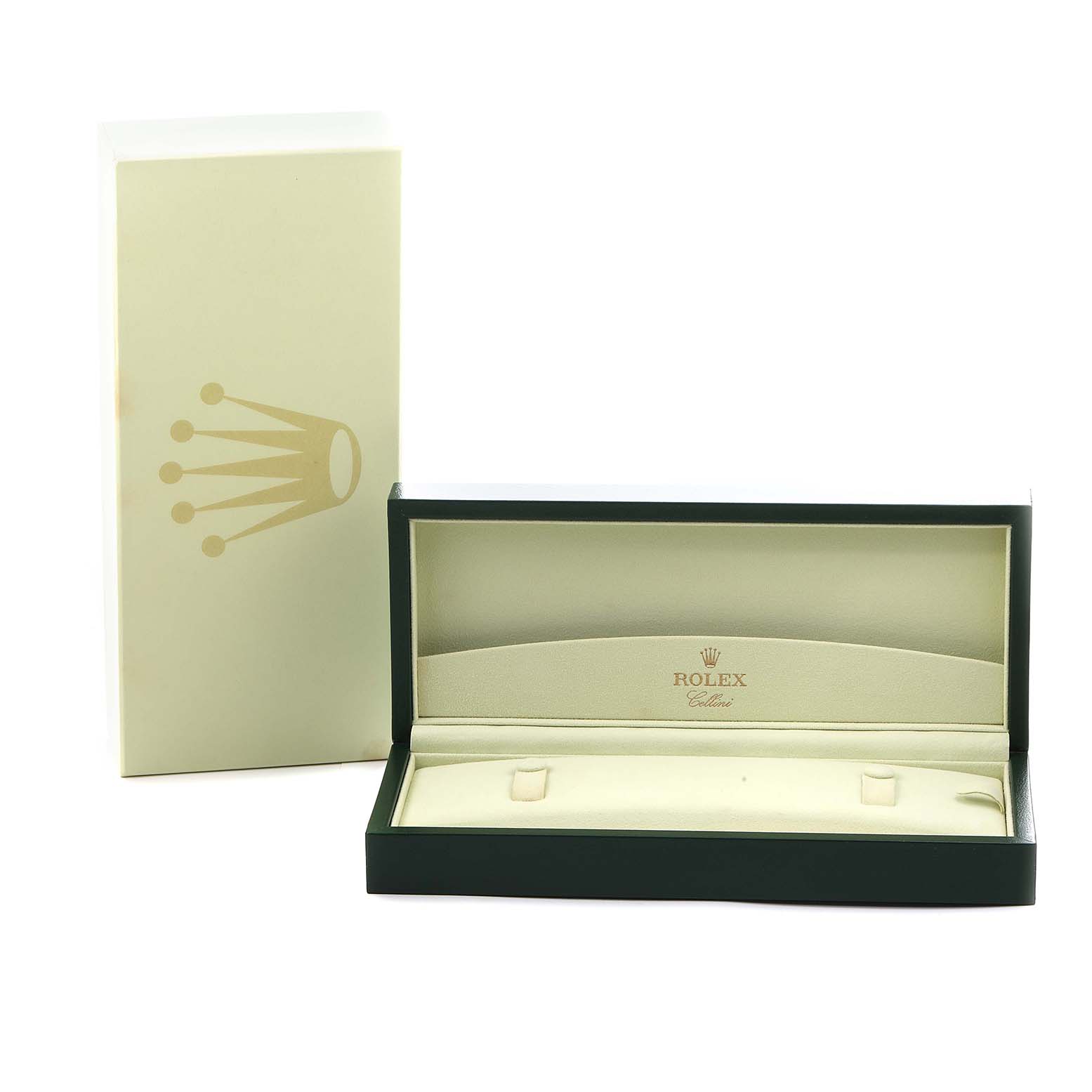 The image shows the open presentation box and outer packaging for a Rolex Cellini 50519 Men
s White Gold White Dial watch, displaying the interior and Rolex branding.