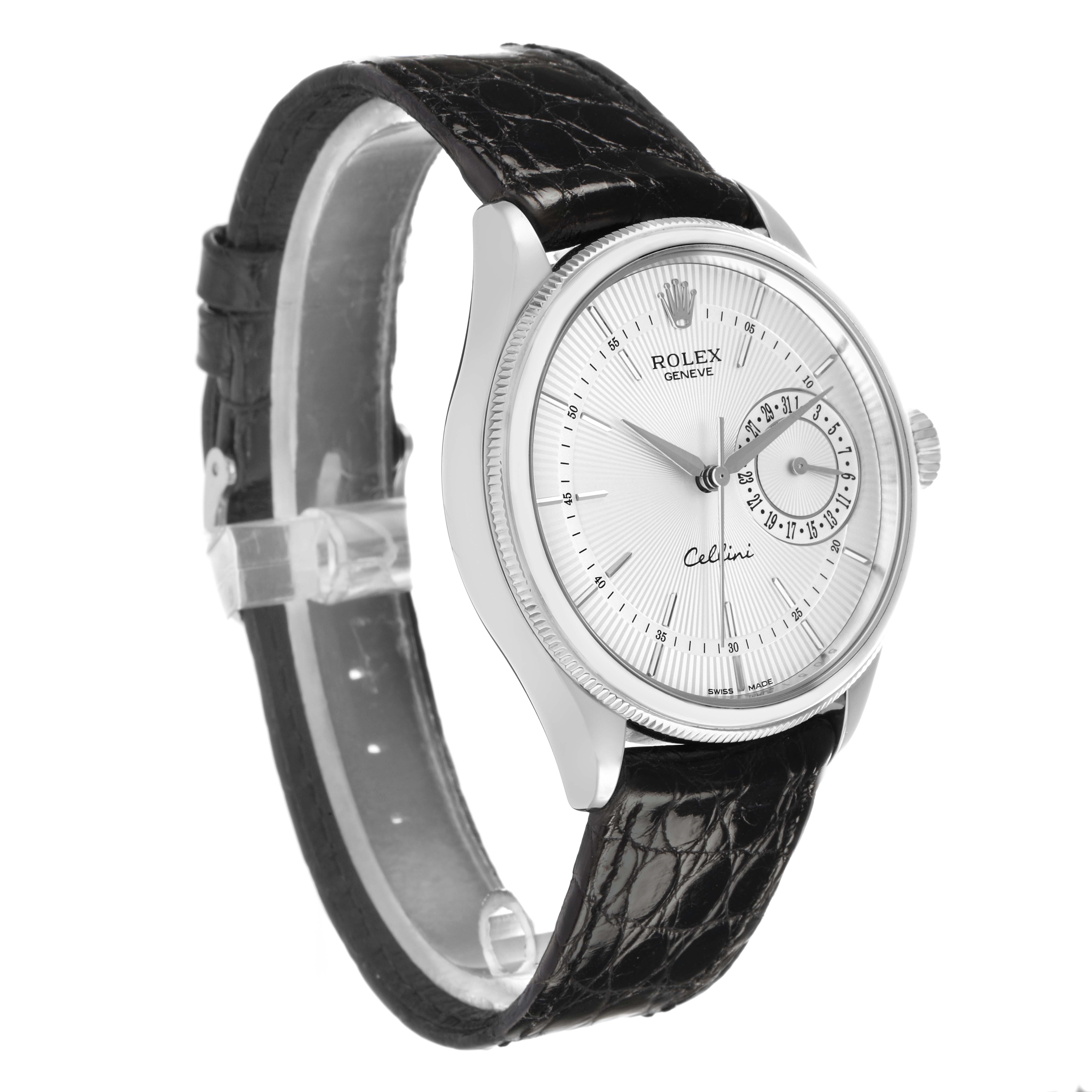 The Rolex Cellini 50519 Men
s White Gold White Dial watch is shown at a three-quarter angle, revealing the watch face, case, and black leather strap.