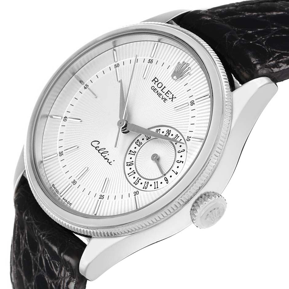 The Rolex Cellini 50519 Men
s White Gold White Dial watch is shown at a slightly tilted angle, highlighting its face, crown, and leather strap.