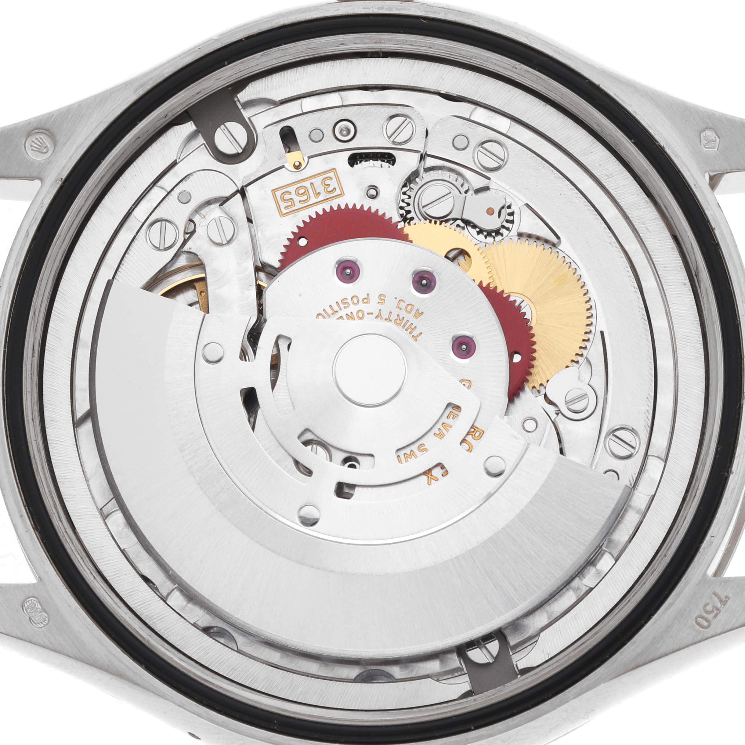 The image shows the back view of the Rolex Cellini 50519 Men
s White Gold White Dial watch, highlighting the intricate movement and gears inside.