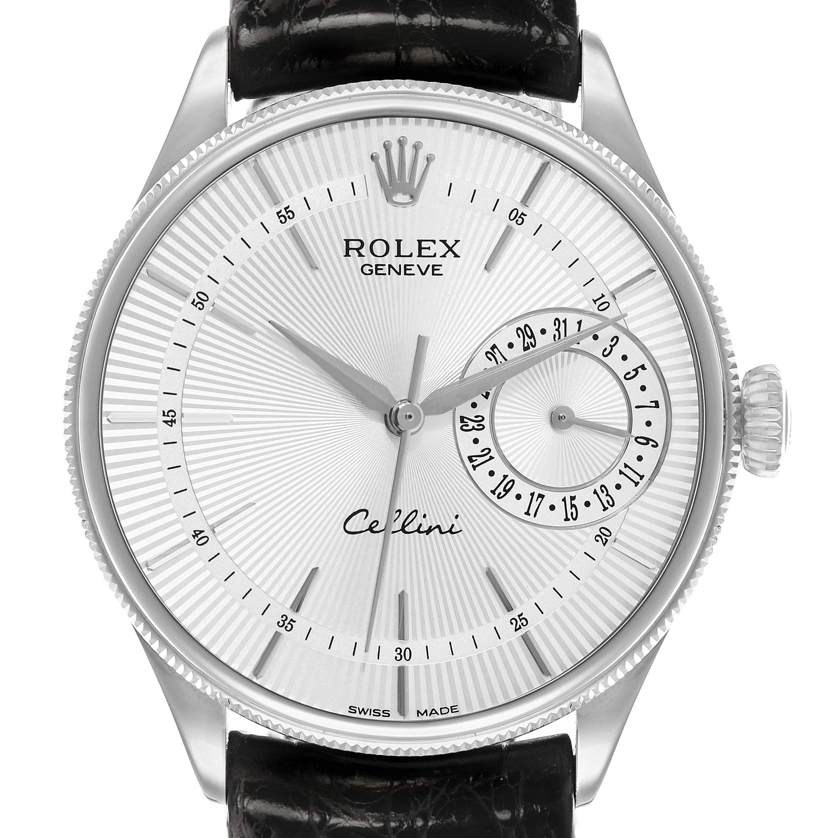 The Rolex Cellini 50519 Men
s White Gold White Dial watch is shown from a front-facing angle, displaying its dial, hands, and bezel.