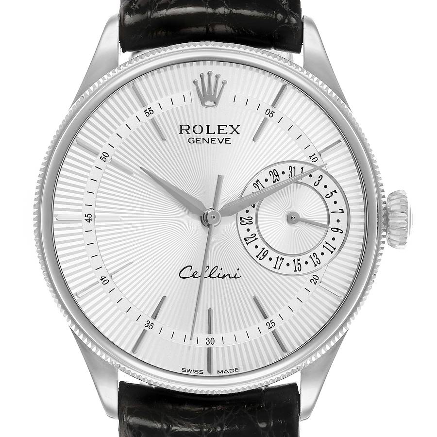 The Rolex Cellini 50519 Men's White Gold White Dial watch is shown from a front-facing angle, displaying its dial, hands, and bezel.
