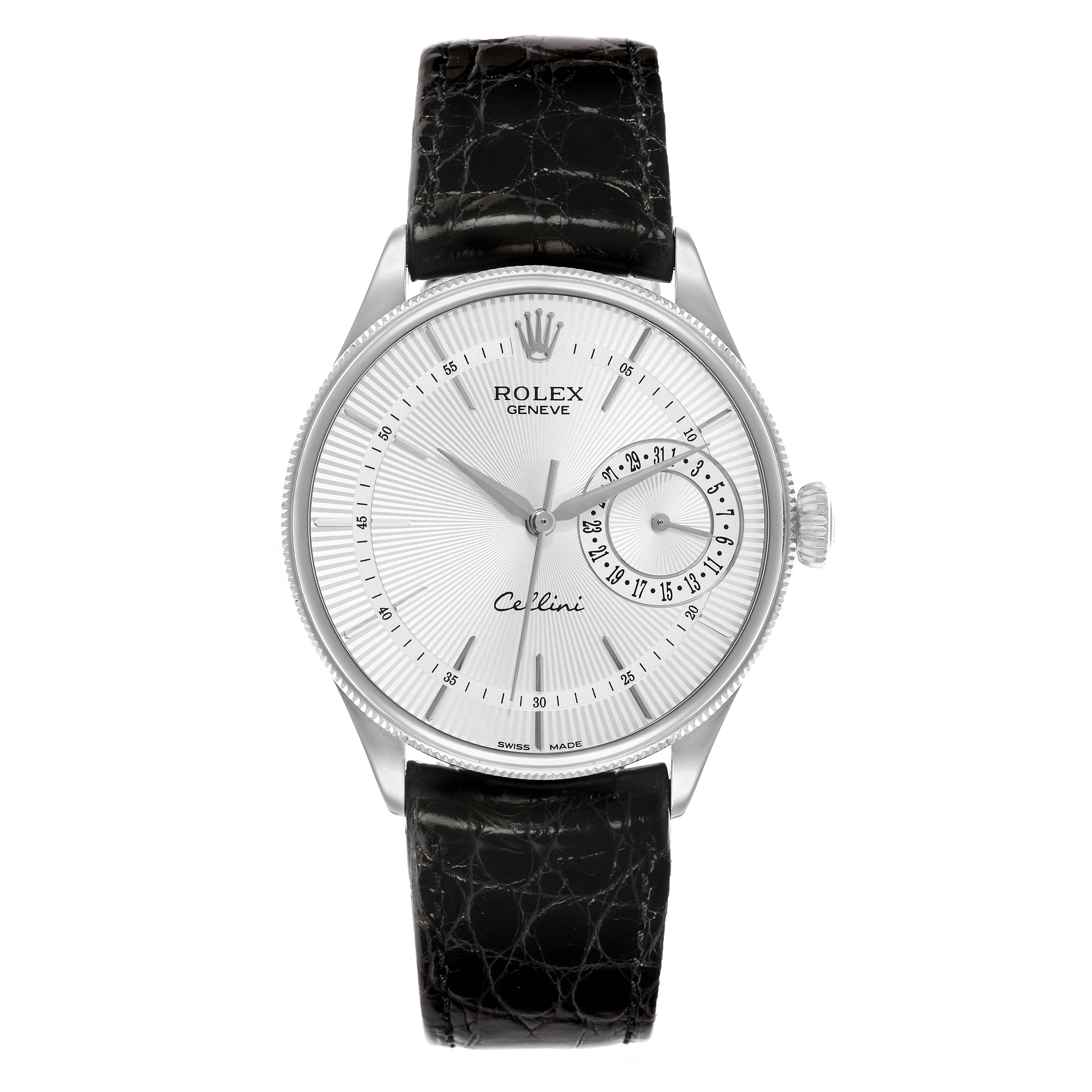 The Rolex Cellini 50519 Men
s White Gold White Dial watch is shown from the front, displaying the face, dial, hands, and leather strap.