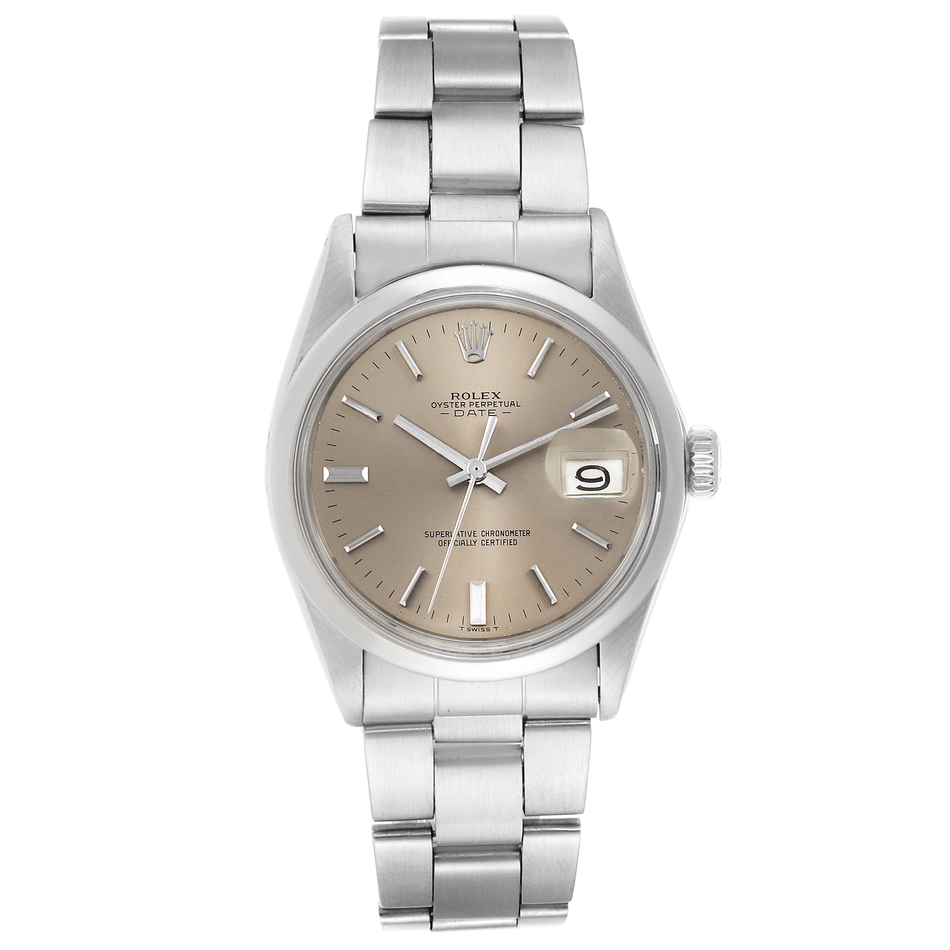 The image shows a front view of a Rolex Date 1500 Men's Stainless Steel Grey Dial 1500 Men's Stainless Steel Grey Dial model watch, displaying the dial, hands, bracelet, and date window.