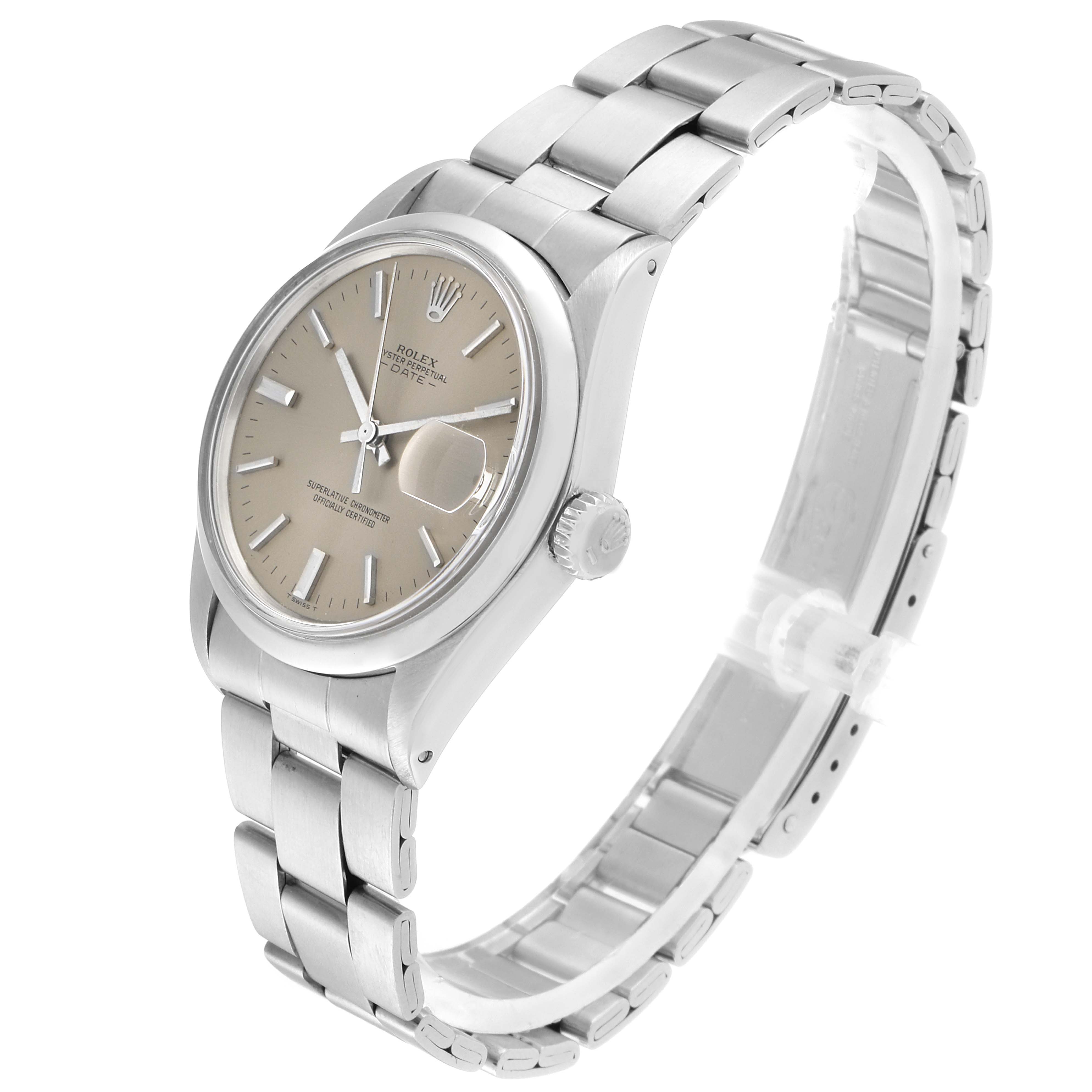 The image shows a Rolex Date 1500 Men's Stainless Steel Grey Dial 1500 Men's Stainless Steel Grey Dial model watch at an oblique angle, highlighting the dial, bracelet, and crown.