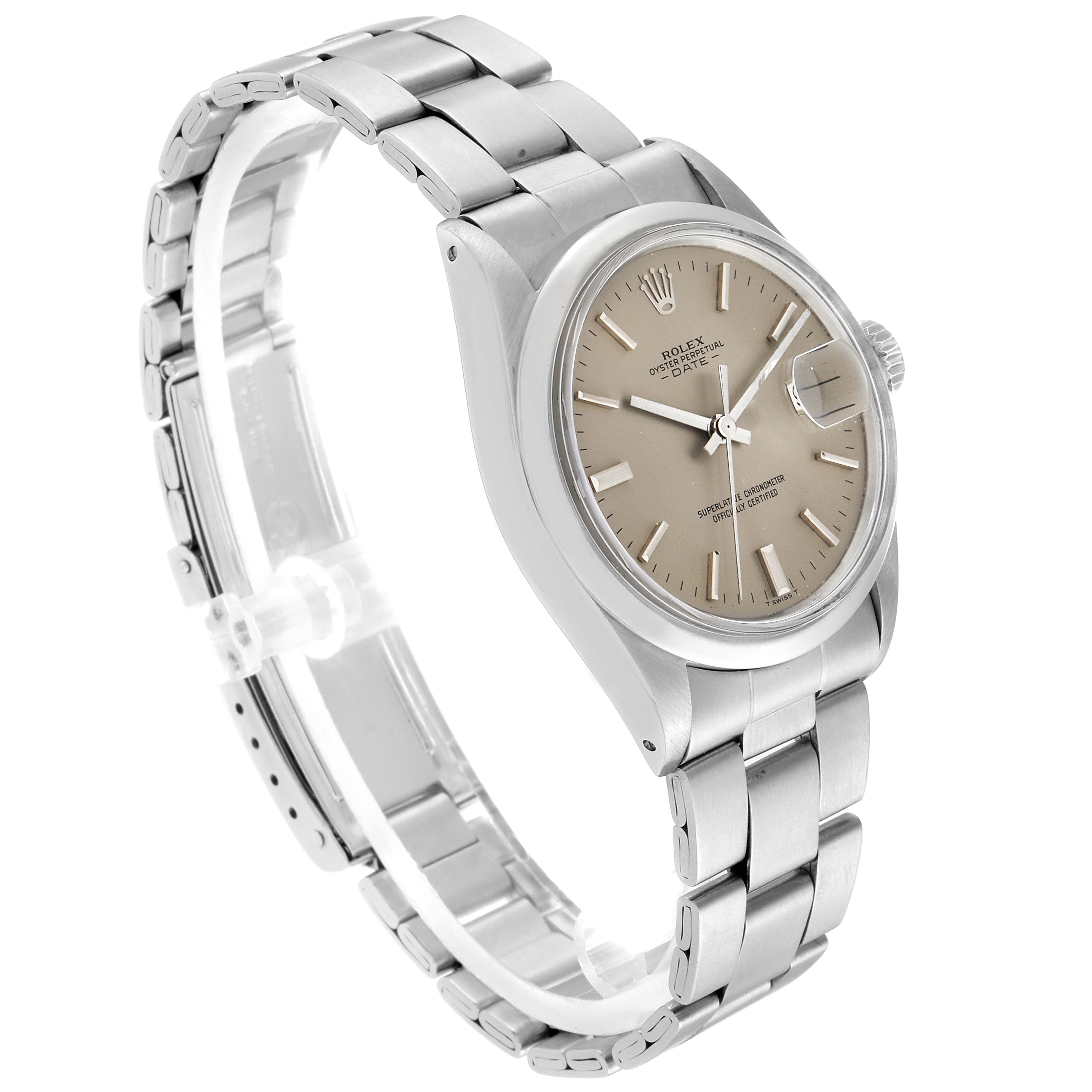 The image shows a Rolex Date 1500 Men's Stainless Steel Grey Dial 1500 Men's Stainless Steel Grey Dial model watch at a three-quarter angle, highlighting its face, bezel, and bracelet.