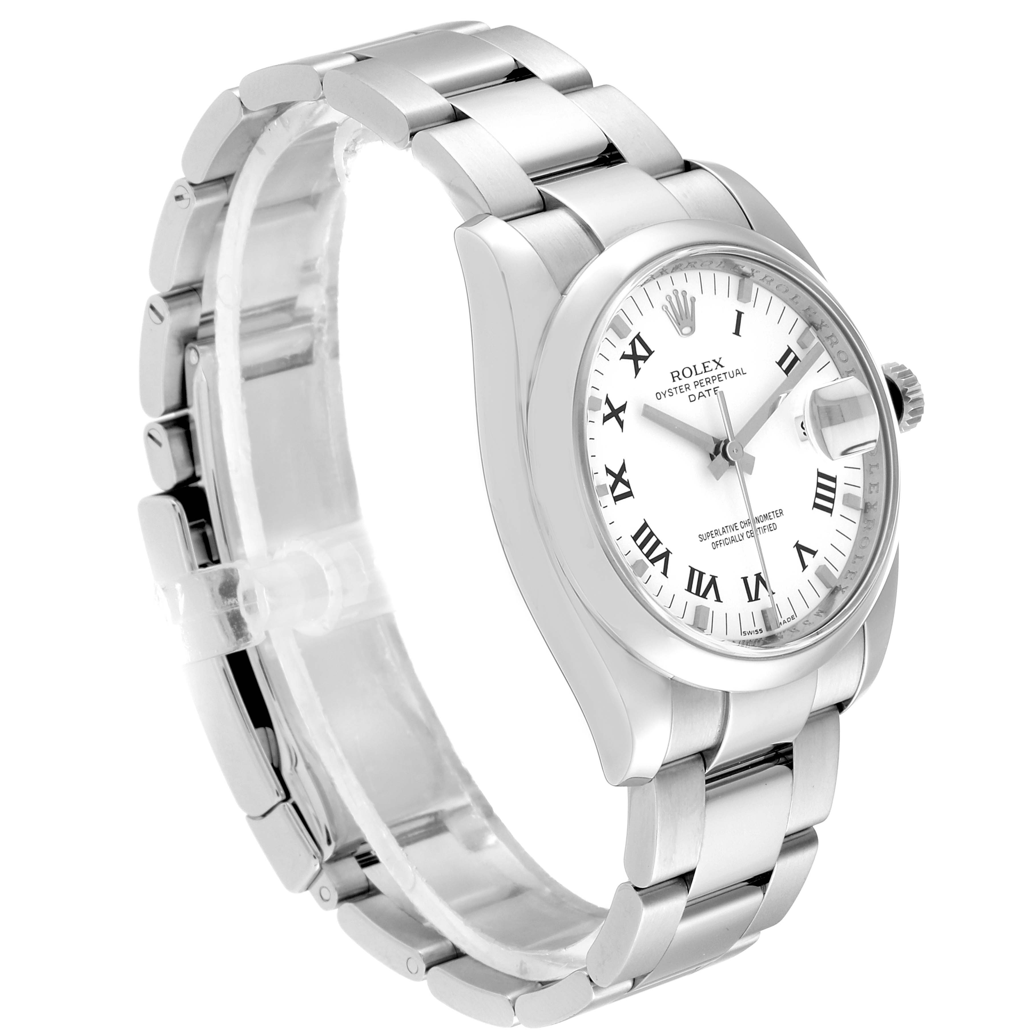 This image shows a side view of a Rolex Date 115200 Men's Stainless Steel White Dial 115200 Men's Stainless Steel White Dial model watch, highlighting its white dial, silver bracelet, and Roman numeral hour markers.