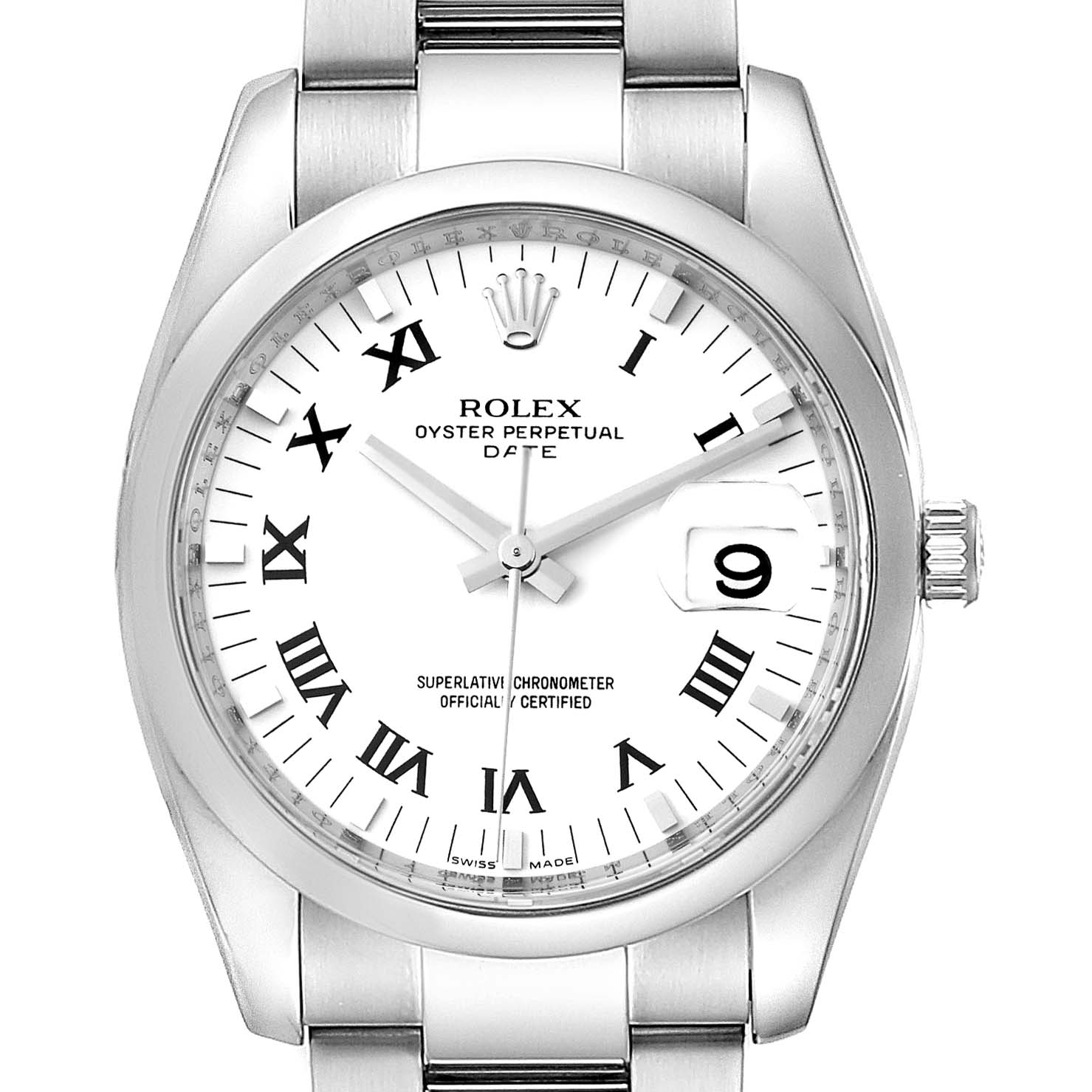 The image shows a front view of the Rolex Oyster Perpetual Date watch, highlighting the dial, hands, date window, and bezel.