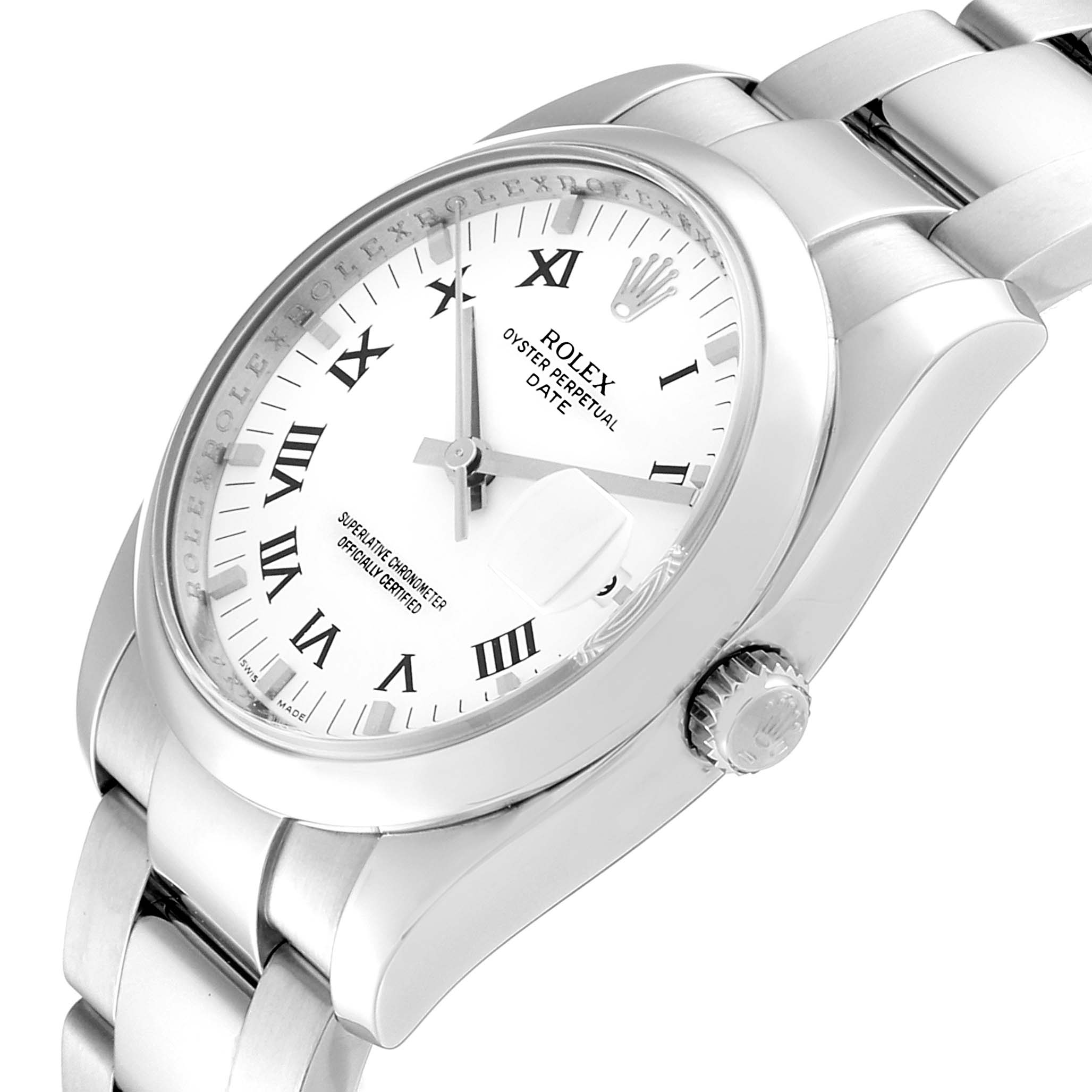 The image shows a Rolex Oyster Perpetual Date watch from an angled side view, highlighting the dial, crown, and bracelet.