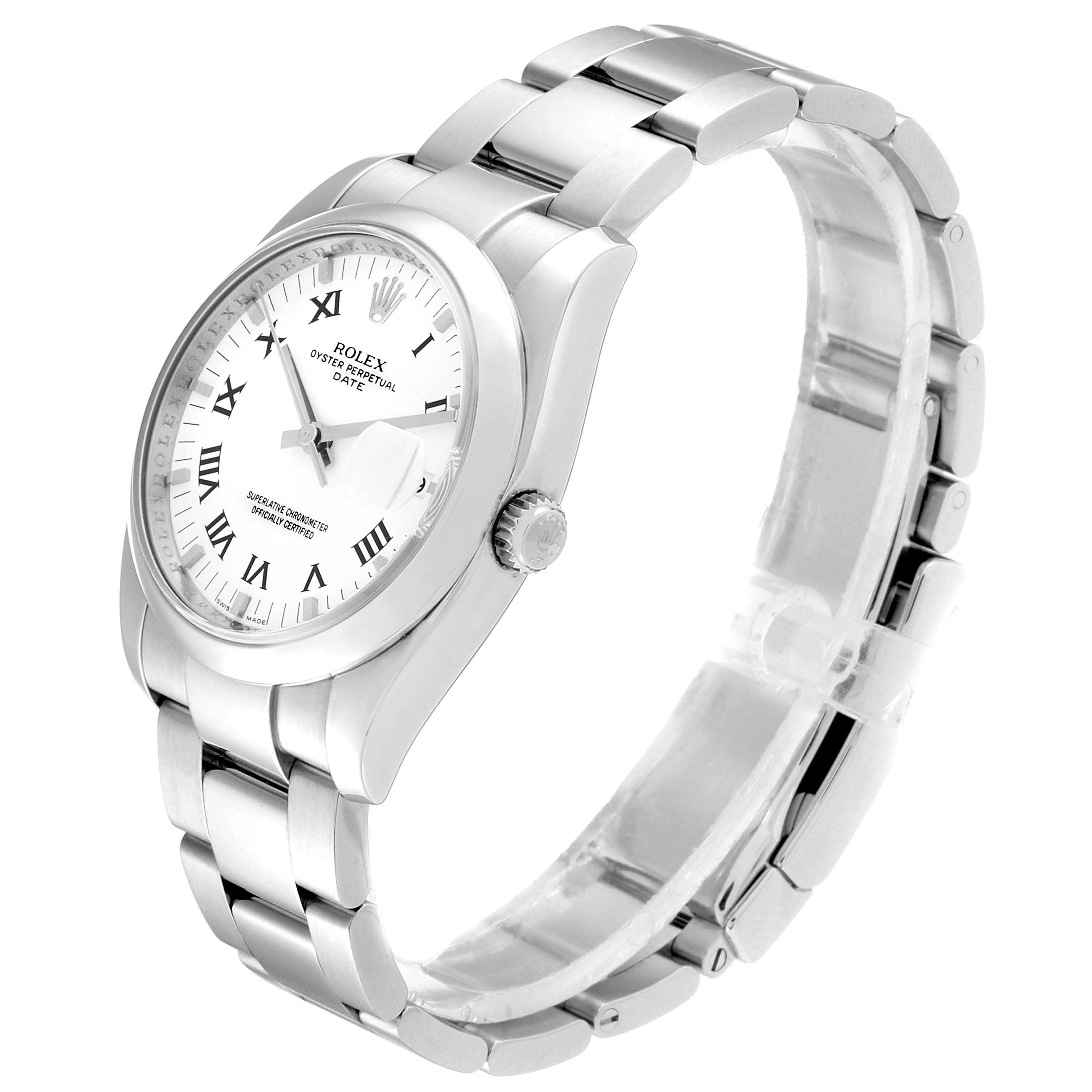 The image shows a side and front angle of a Rolex Date 115200 Men's Stainless Steel White Dial 115200 Men's Stainless Steel White Dial model watch, highlighting its bracelet, case, and face.