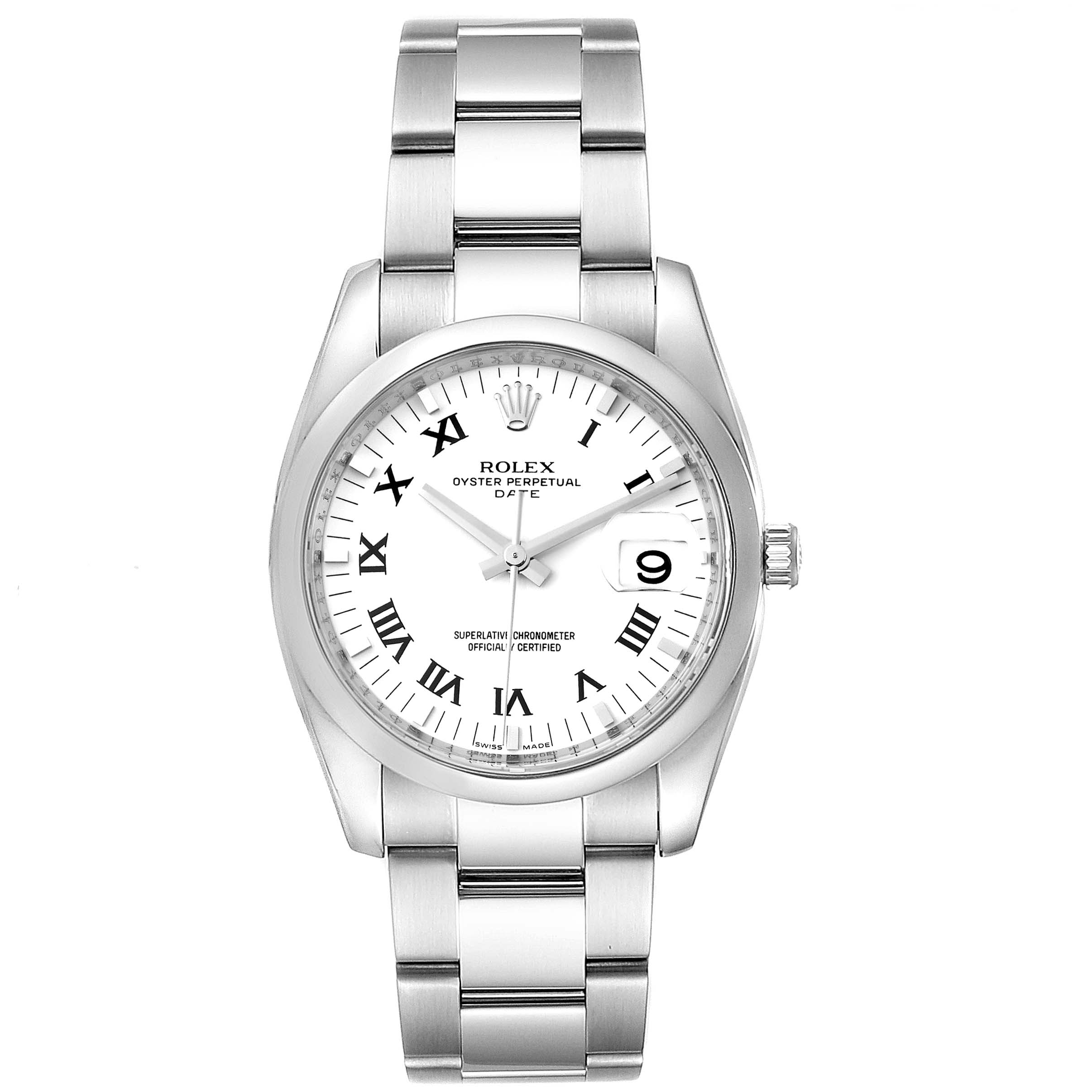 The Rolex Date 115200 Men's Stainless Steel White Dial 115200 Men's Stainless Steel White Dial model watch is shown from a top-down angle, highlighting its dial, bracelet, and crown.