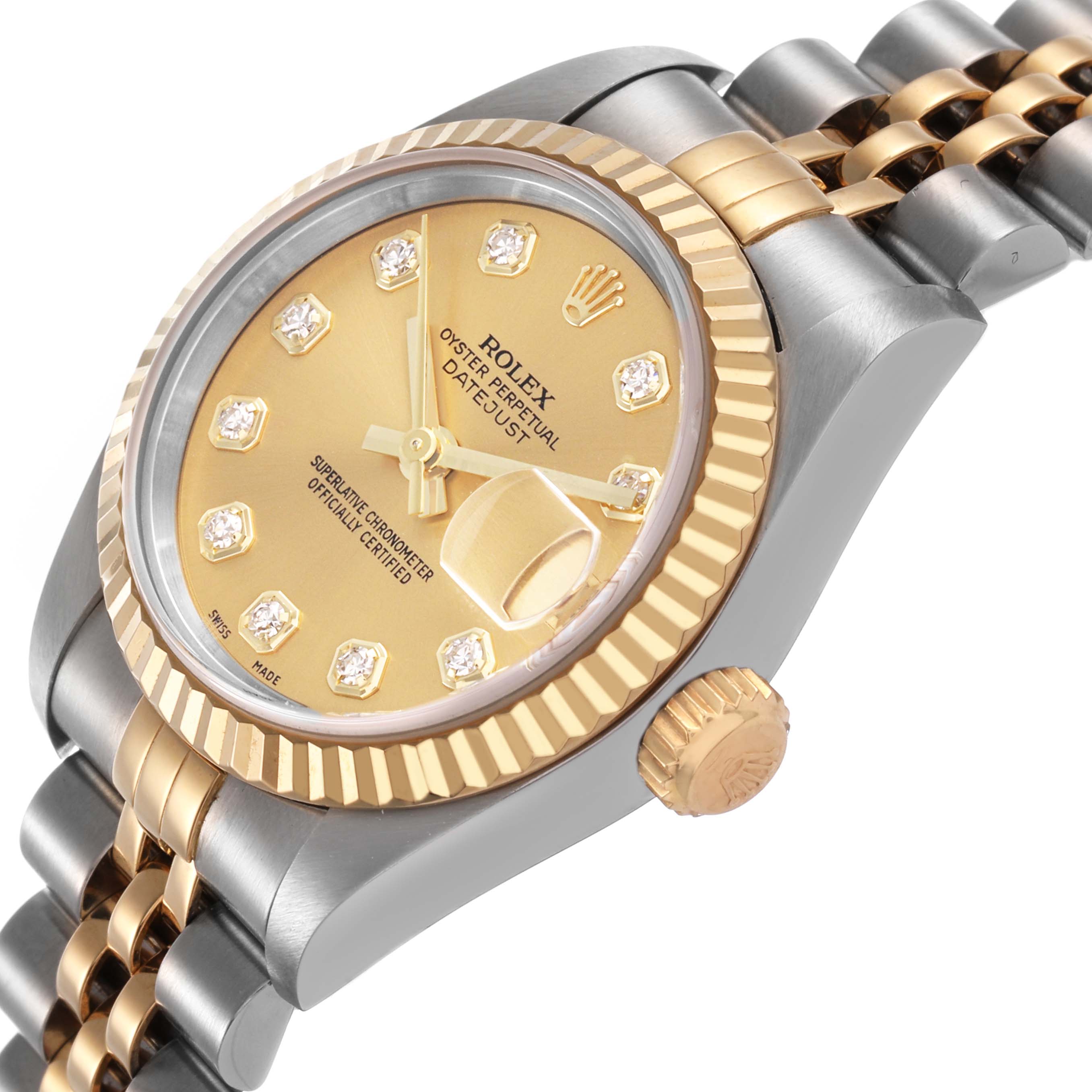 The Rolex Datejust 79173 Women's Stainless Steel Champagne Dial watch is shown at a three-quarter angle, highlighting the gold dial, fluted bezel, diamond hour markers, and jubilee bracelet.