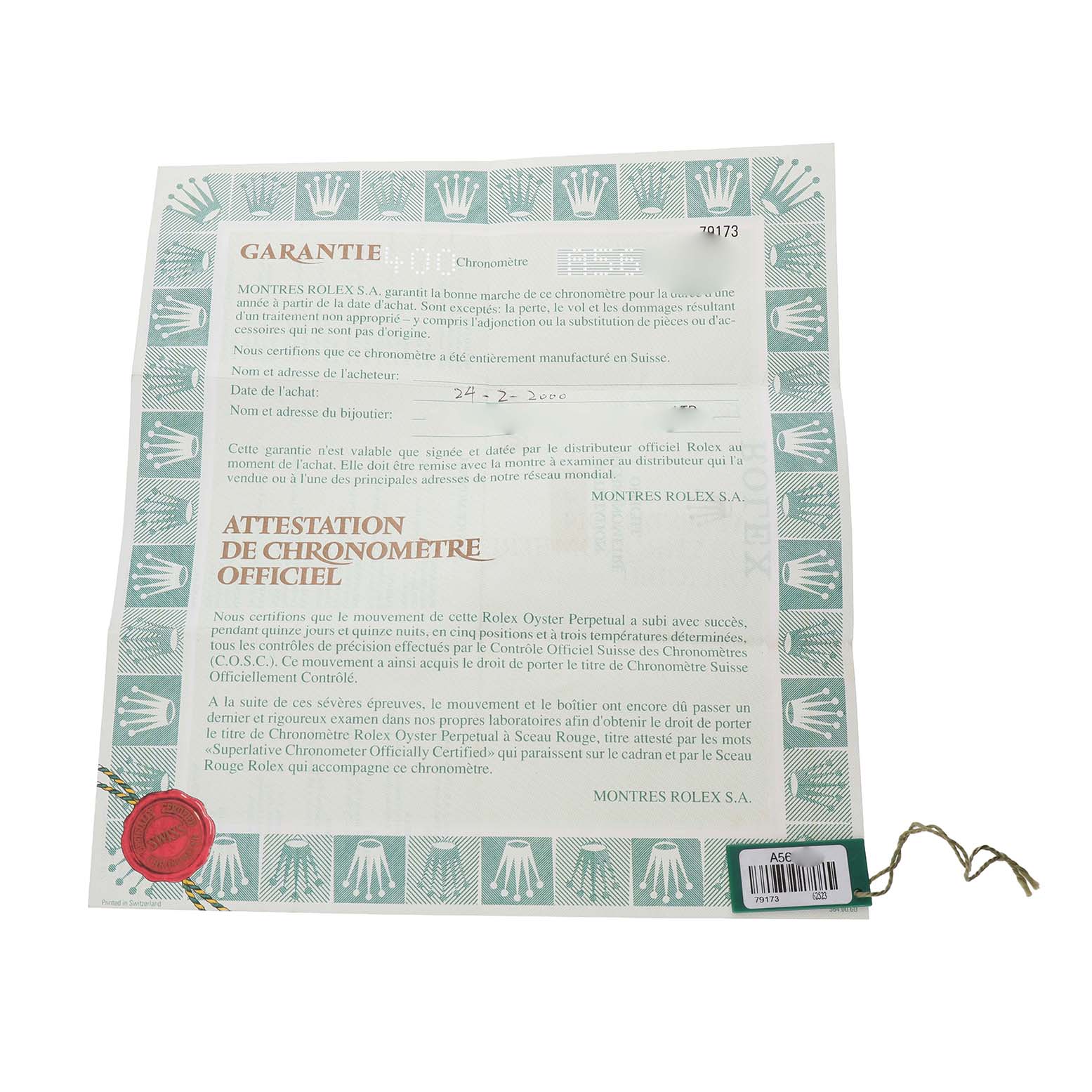 The image shows a warranty certificate for a Rolex Datejust 79173 Women's Stainless Steel Champagne Dial watch, featuring a red seal and green border.