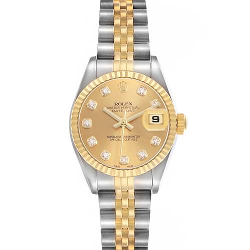 The Rolex Datejust 79173 Women's Stainless Steel Champagne Dial watch is shown from the front, highlighting the dial, hands, date window, and two-tone bracelet.