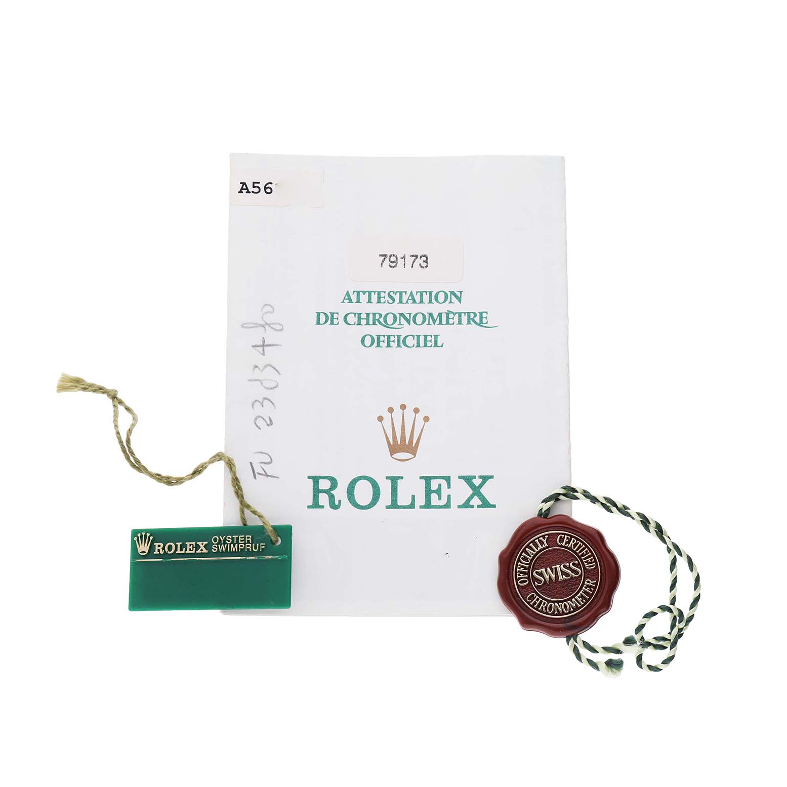 The image shows Rolex Datejust 79173 Women's Stainless Steel Champagne Dial documentation and accessories, including certification papers, a green tag, and a red seal.