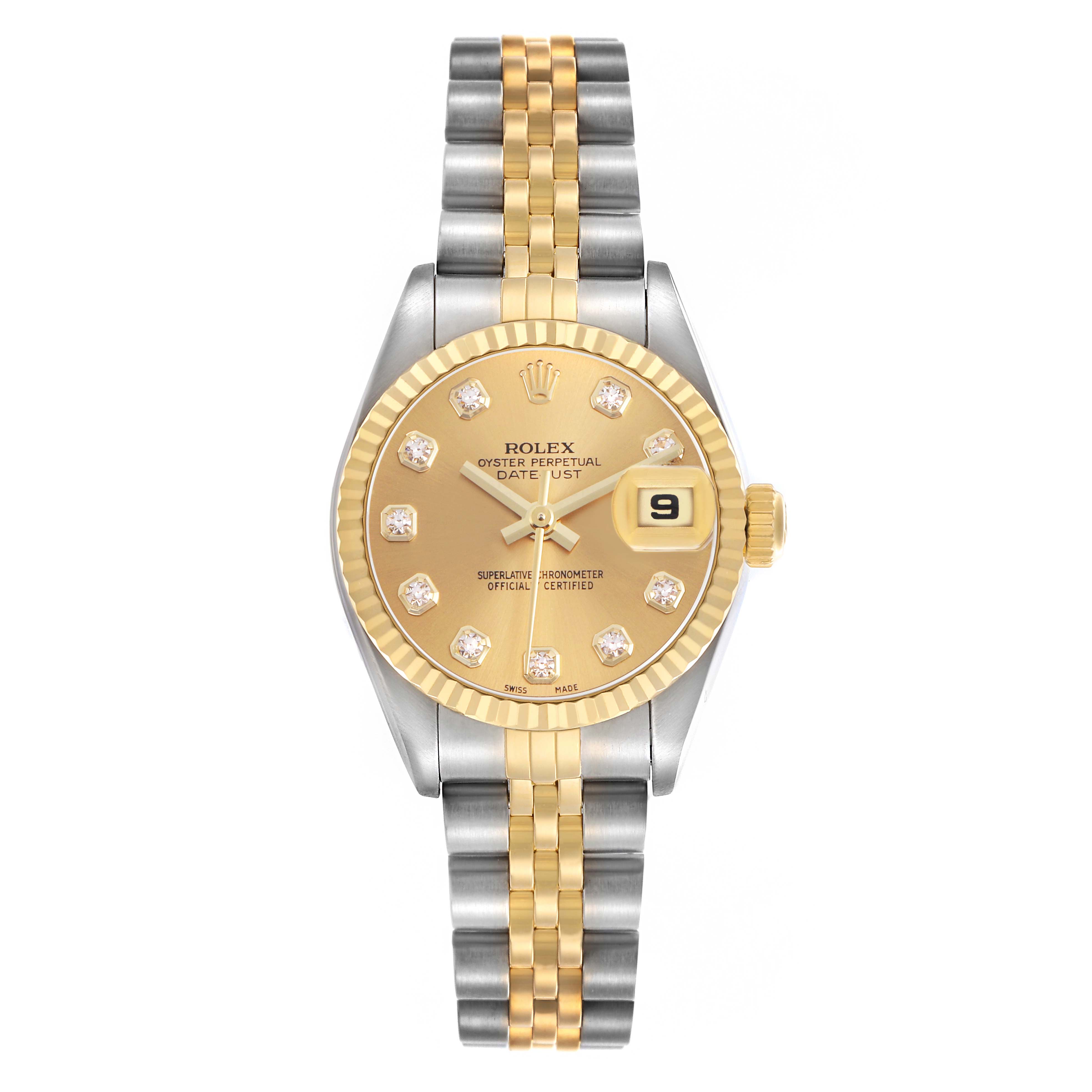 The Rolex Datejust 79173 Women's Stainless Steel Champagne Dial watch is shown from a straight-on angle, highlighting the dial, bezel, and bracelet.