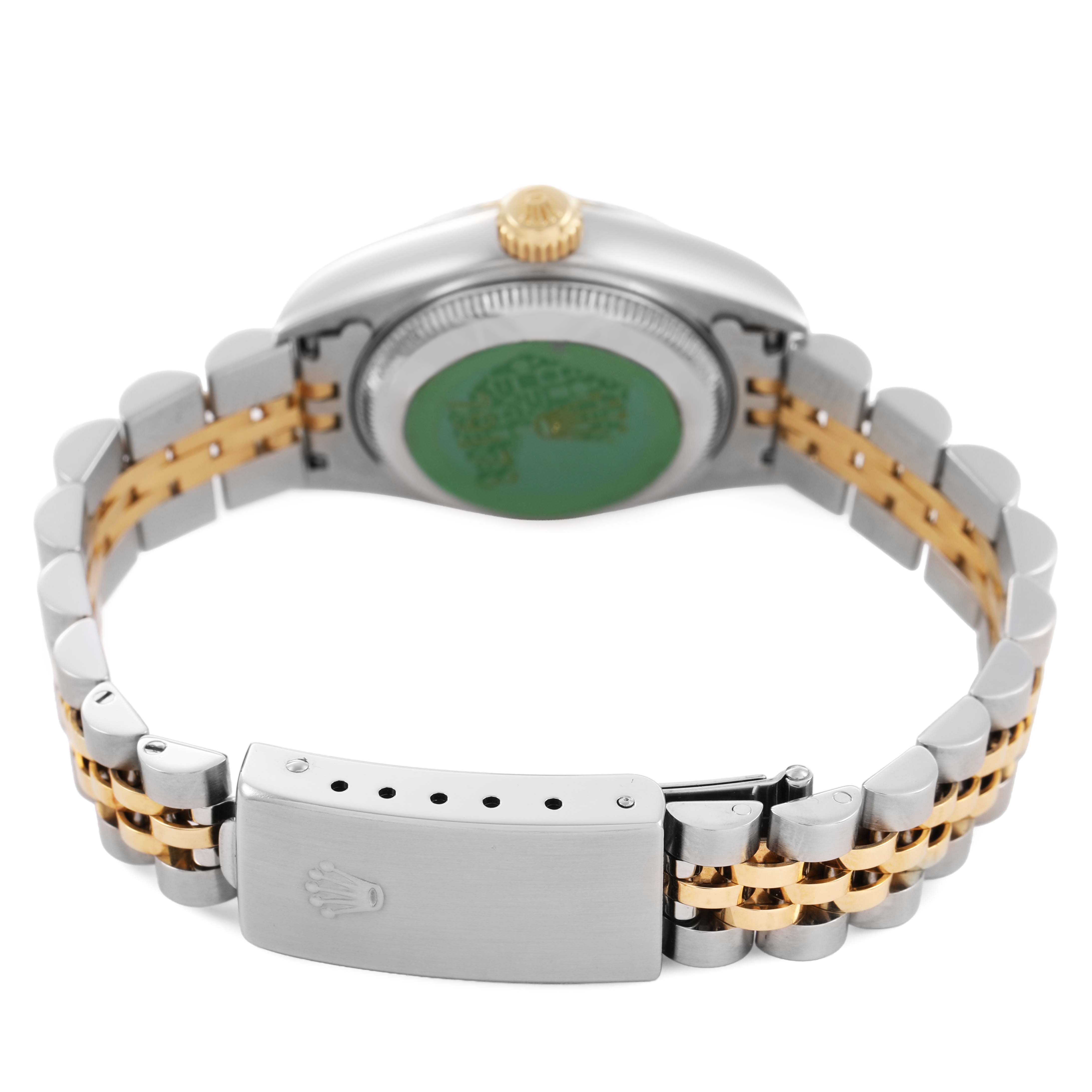 The image shows the back view of a Rolex Datejust 79173 Women's Stainless Steel Champagne Dial, highlighting the clasp and the two-tone bracelet.