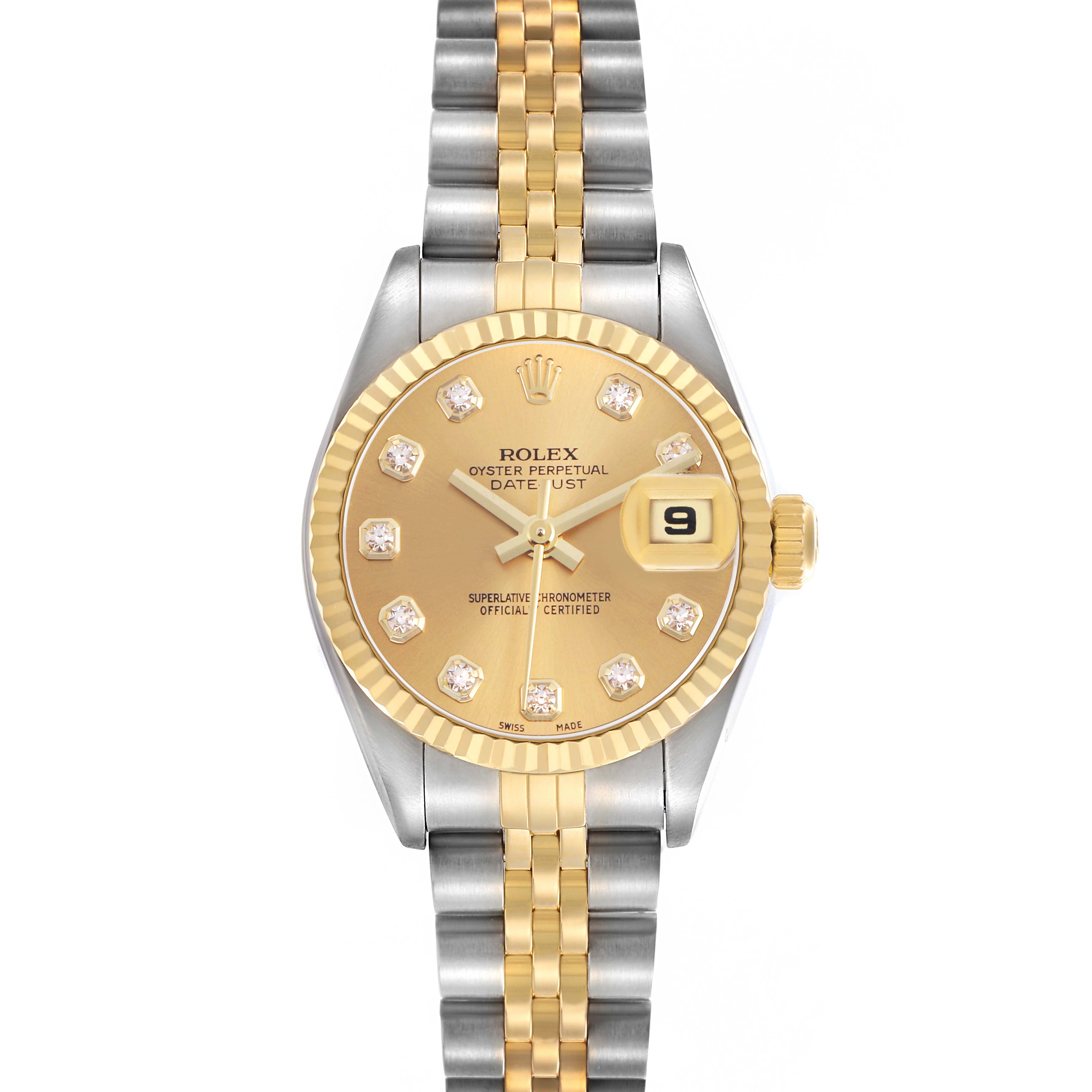 The Rolex Datejust 79173 Women's Stainless Steel Champagne Dial watch is shown from the front, displaying its gold dial, diamond hour markers, gold fluted bezel, and two-tone bracelet.