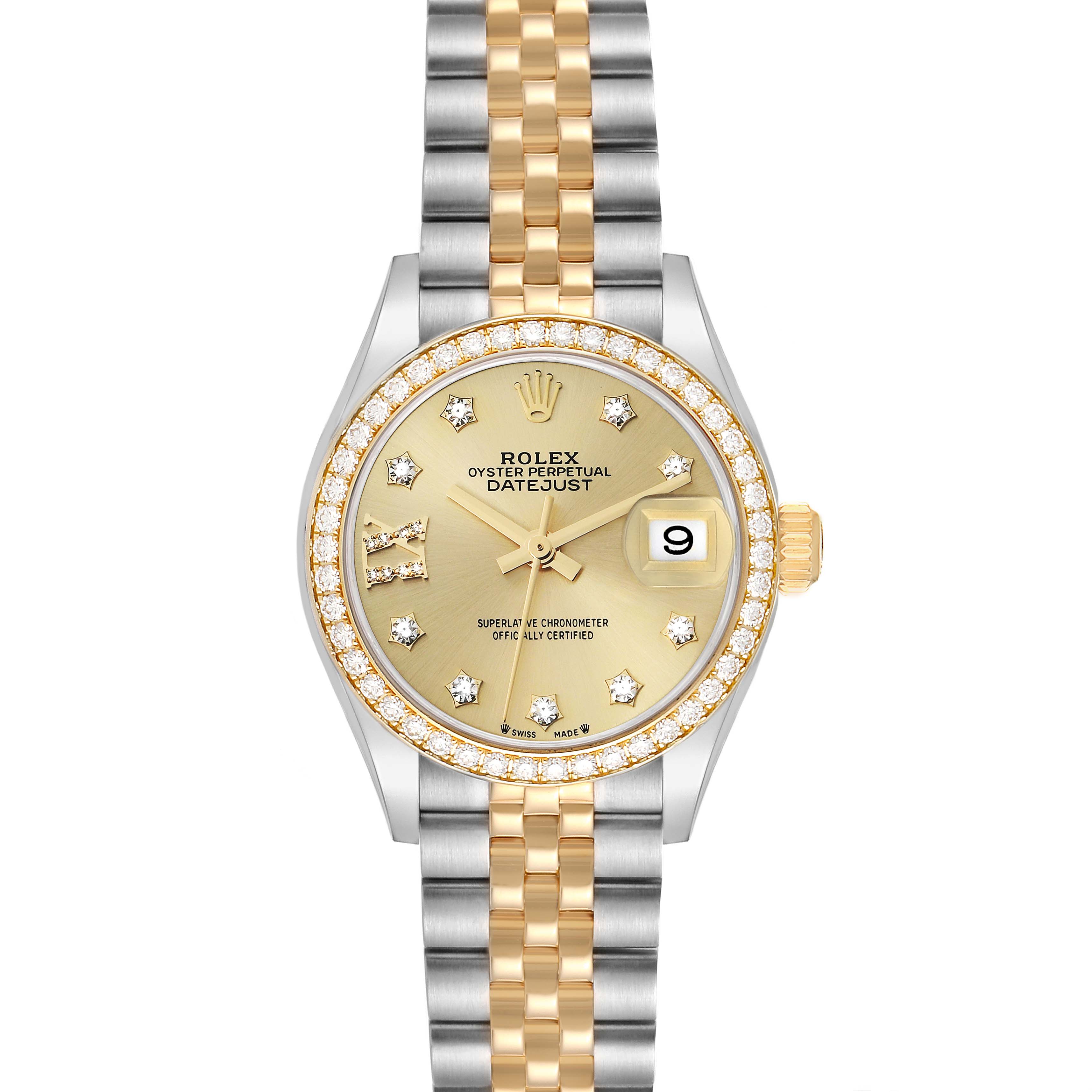 The Rolex Datejust 279383 Women
s Steel and Gold (two tone) Champagne Dial watch is shown from a top-down angle, highlighting the face, bezel, and two-tone jubilee bracelet.