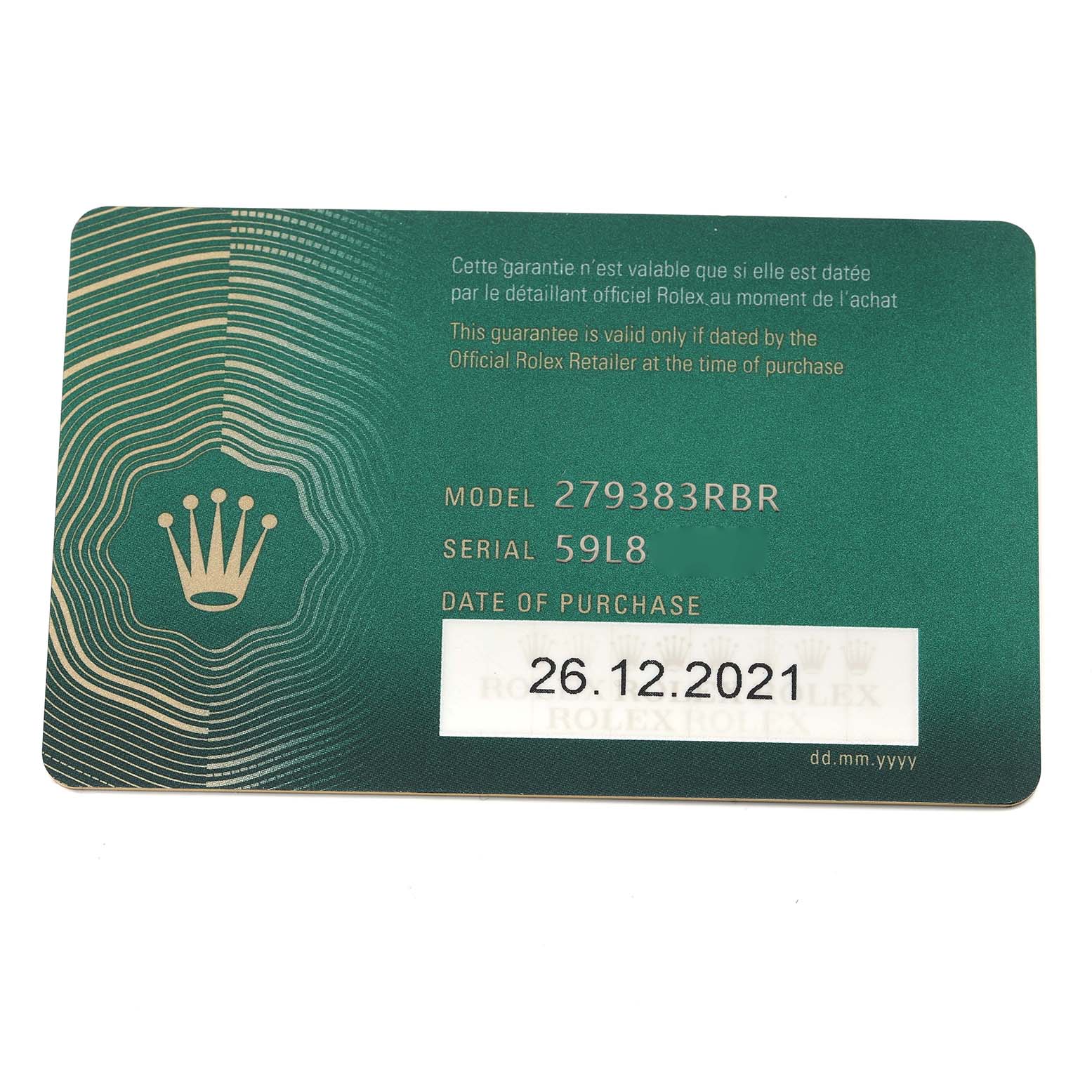 The image shows a warranty card for a Rolex Datejust 279383 Women
s Steel and Gold (two tone) Champagne Dial, featuring model and purchase details.