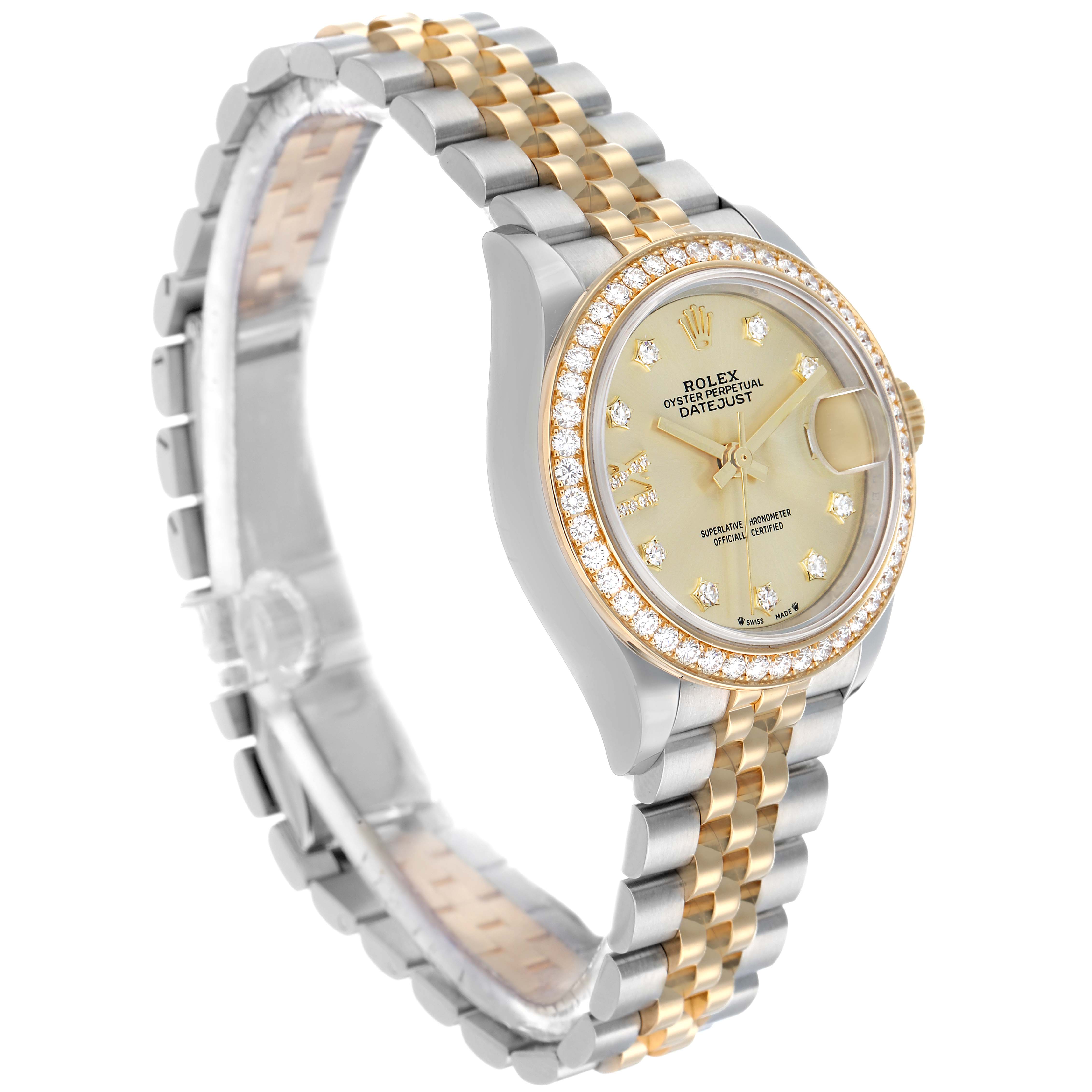 The Rolex Datejust 279383 Women
s Steel and Gold (two tone) Champagne Dial watch is shown at a slight angle, displaying the face, bezel, and two-tone band.