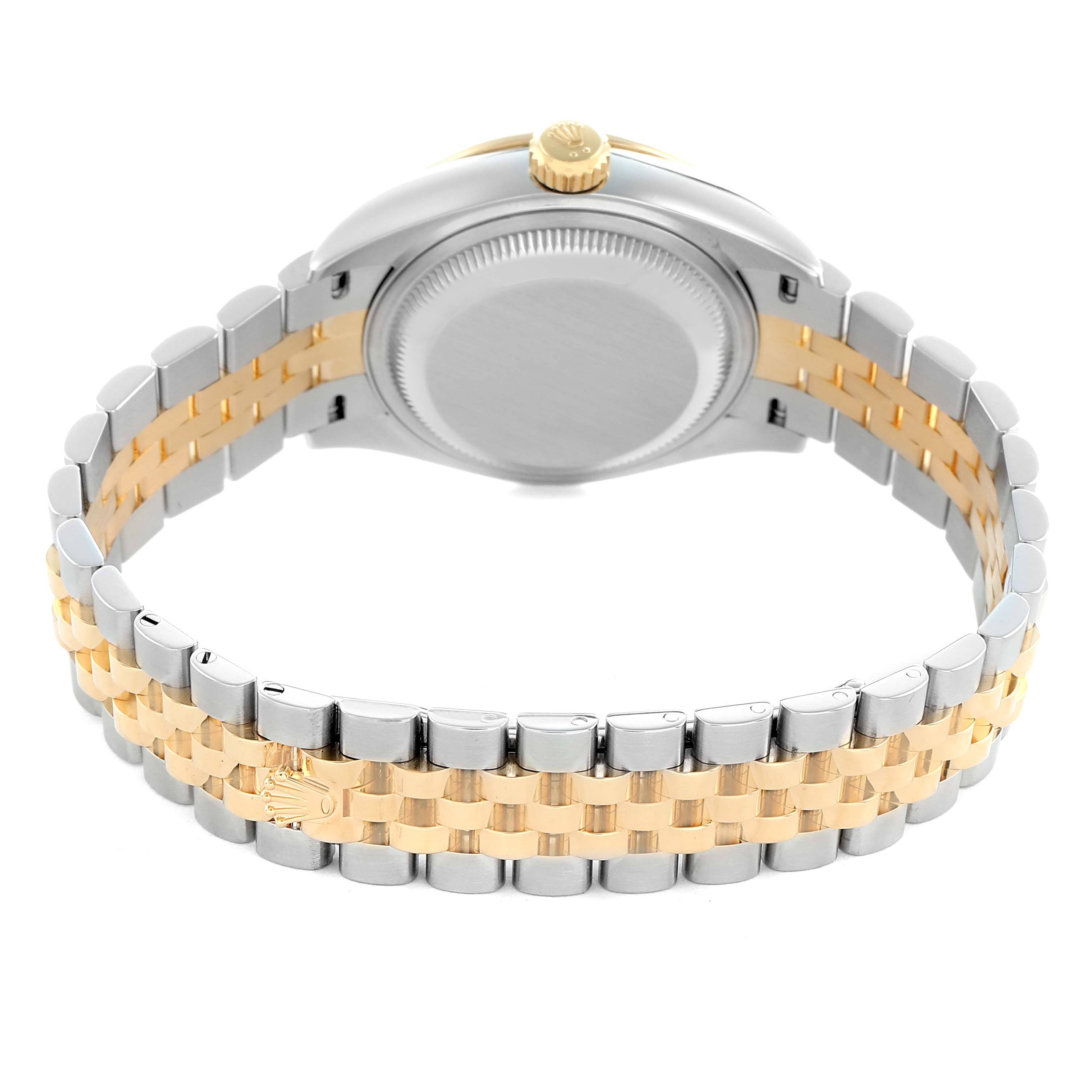The image shows the back of a Rolex Datejust 279383 Women
s Steel and Gold (two tone) Champagne Dial watch with a two-tone bracelet and the case back.