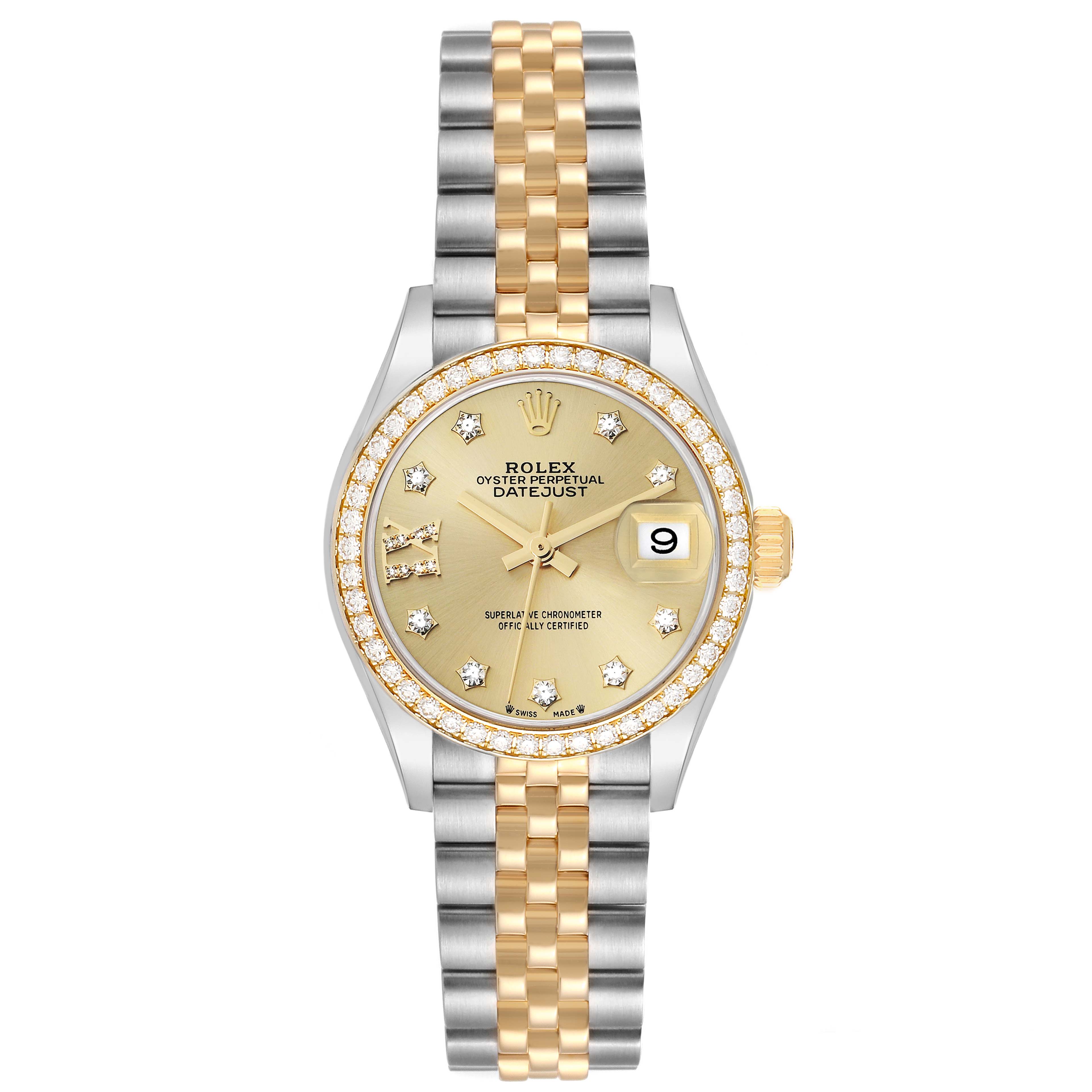 The Rolex Datejust 279383 Women
s Steel and Gold (two tone) Champagne Dial watch is shown from a top-down angle, highlighting its two-tone bracelet, diamond-set bezel, and face with date display.