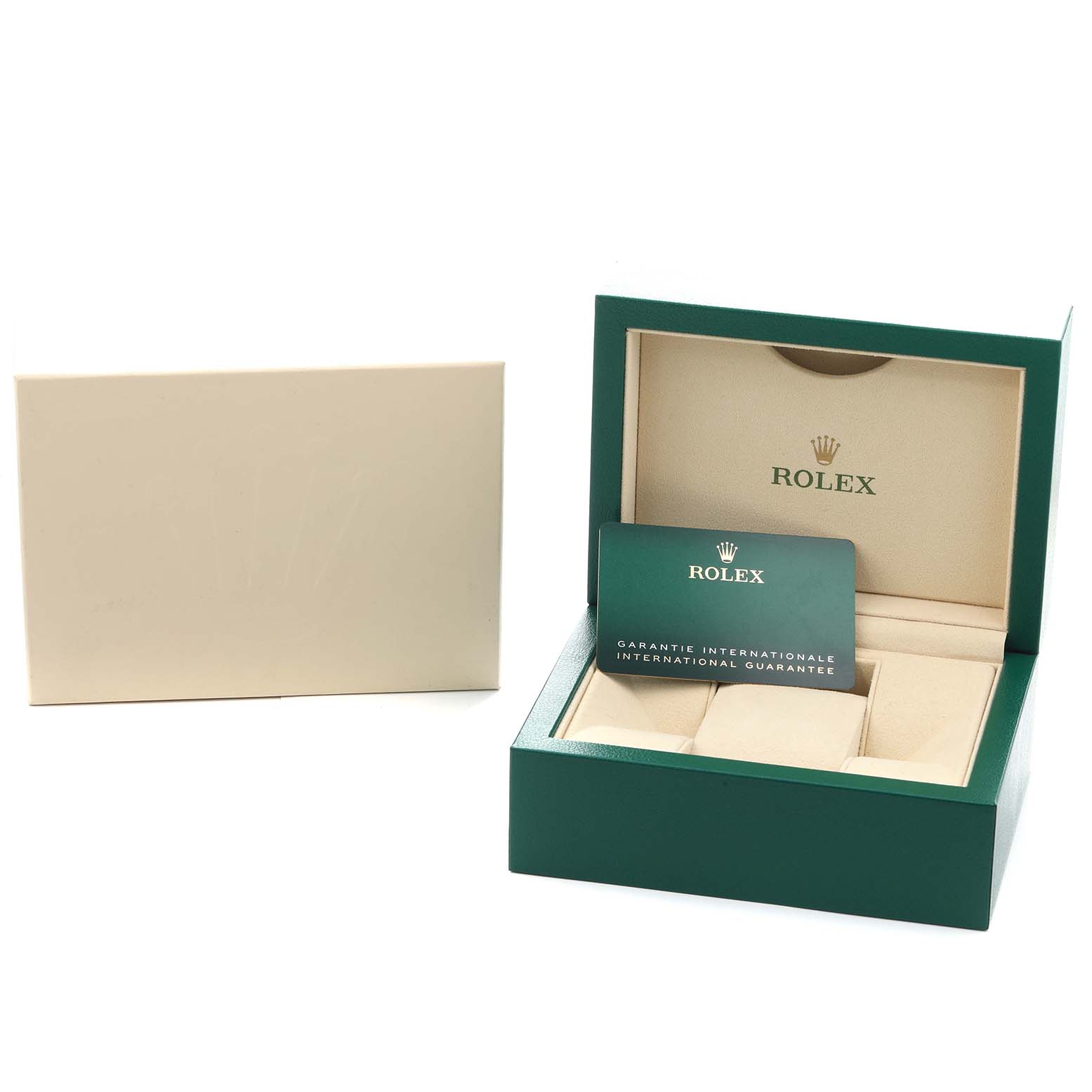 The image shows the packaging and warranty card for a Rolex Datejust 279383 Women
s Steel and Gold (two tone) Champagne Dial, featuring an open green box with a beige interior.