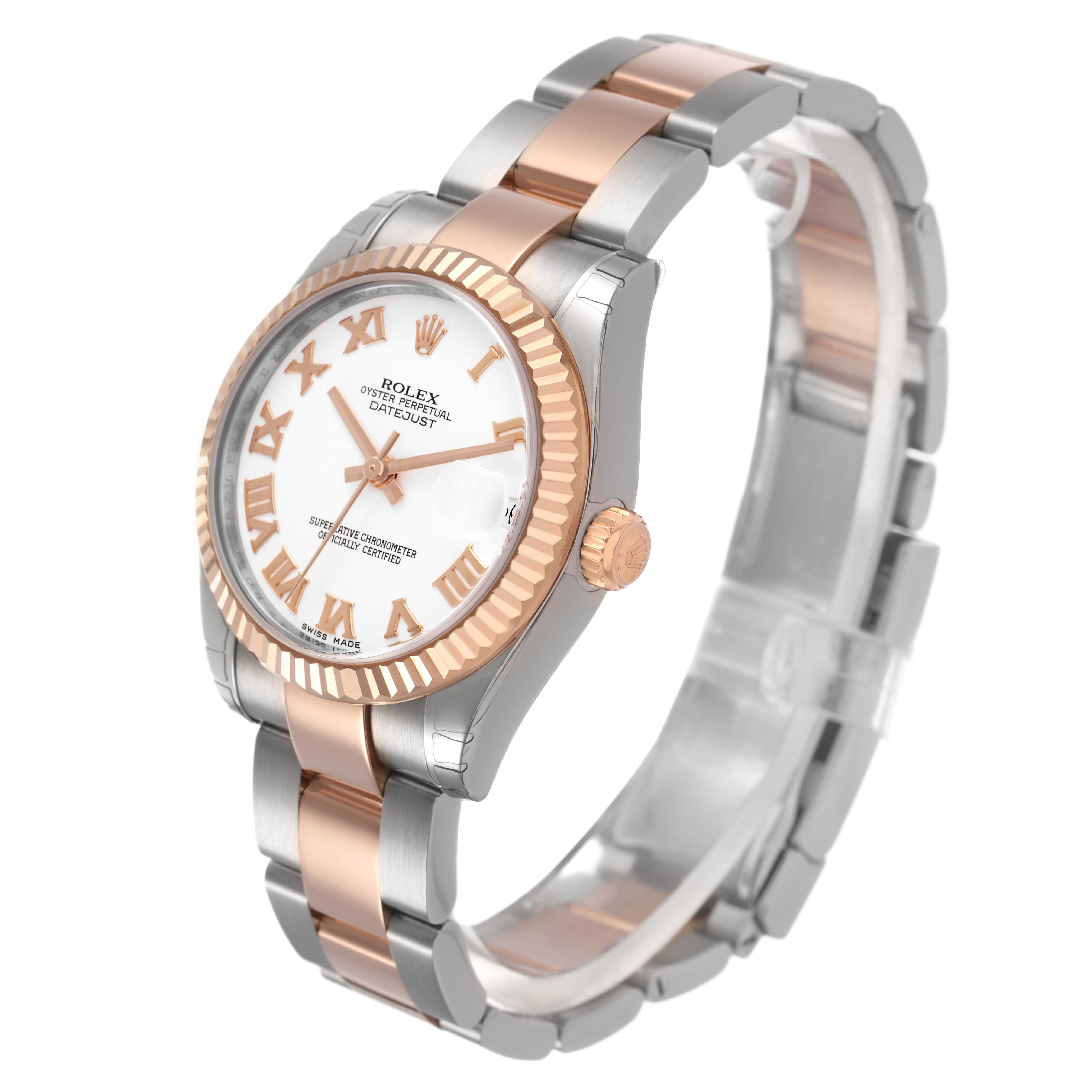 The Rolex Datejust 178271 Women's Stainless Steel White Dial watch is shown at a slight angle, displaying the face, fluted bezel, two-tone bracelet, and crown.