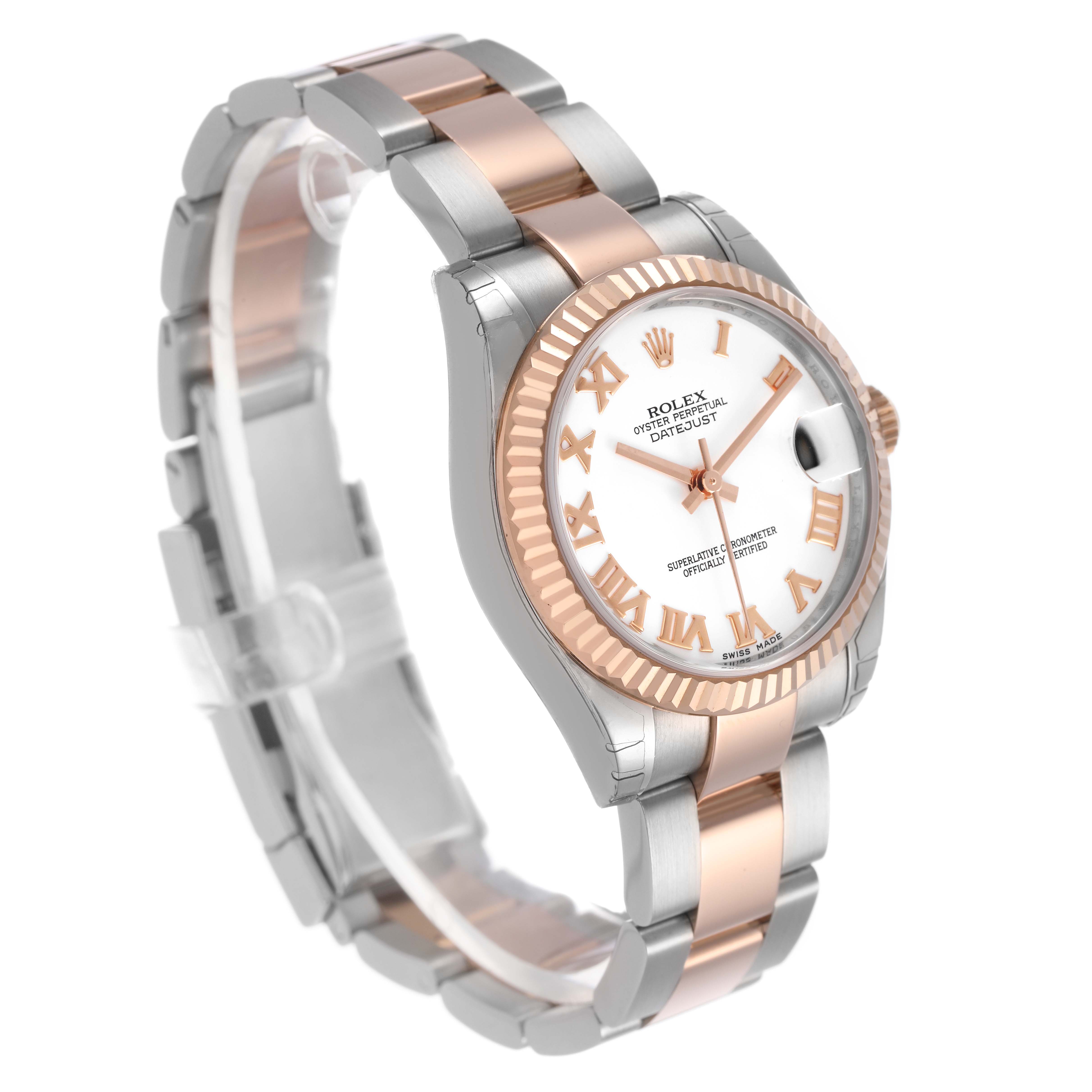 The Rolex Datejust 178271 Women's Stainless Steel White Dial watch is shown at a slight angle, highlighting its bezel, dial, and bracelet links.