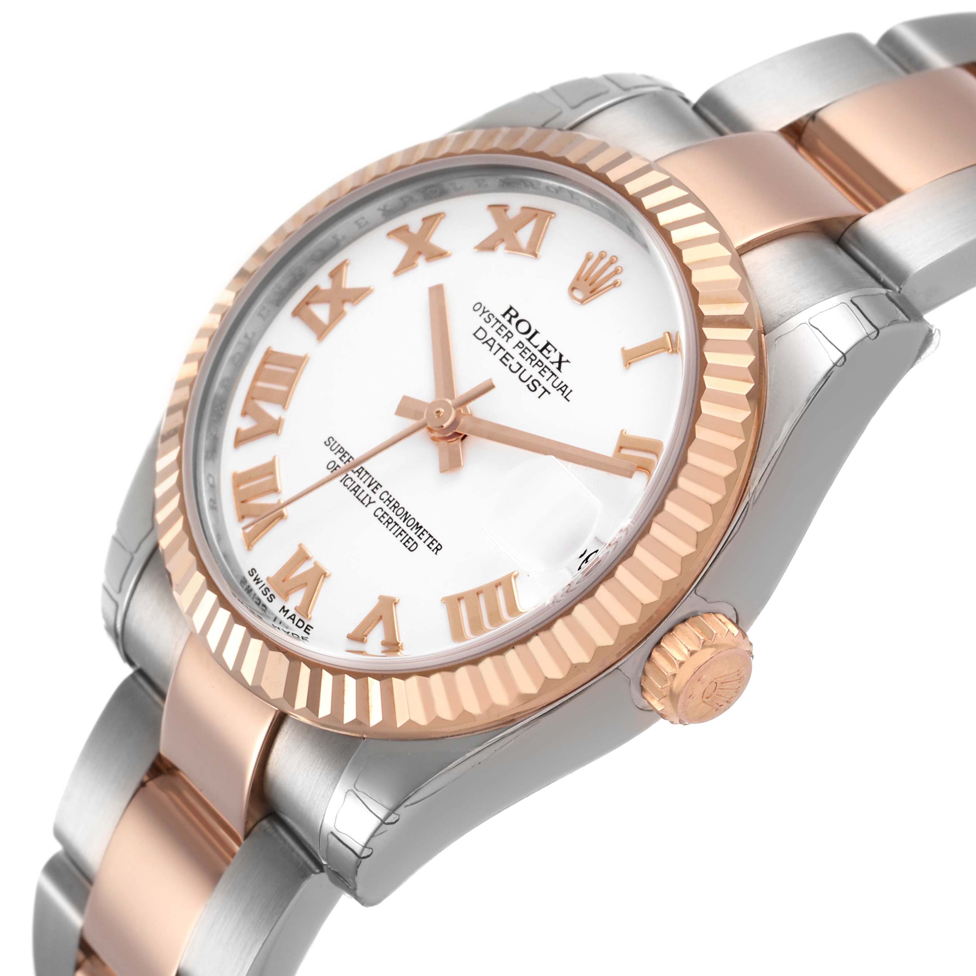 The Rolex Datejust 178271 Women's Stainless Steel White Dial watch is shown at an angle highlighting its face, bezel, crown, and bracelet.