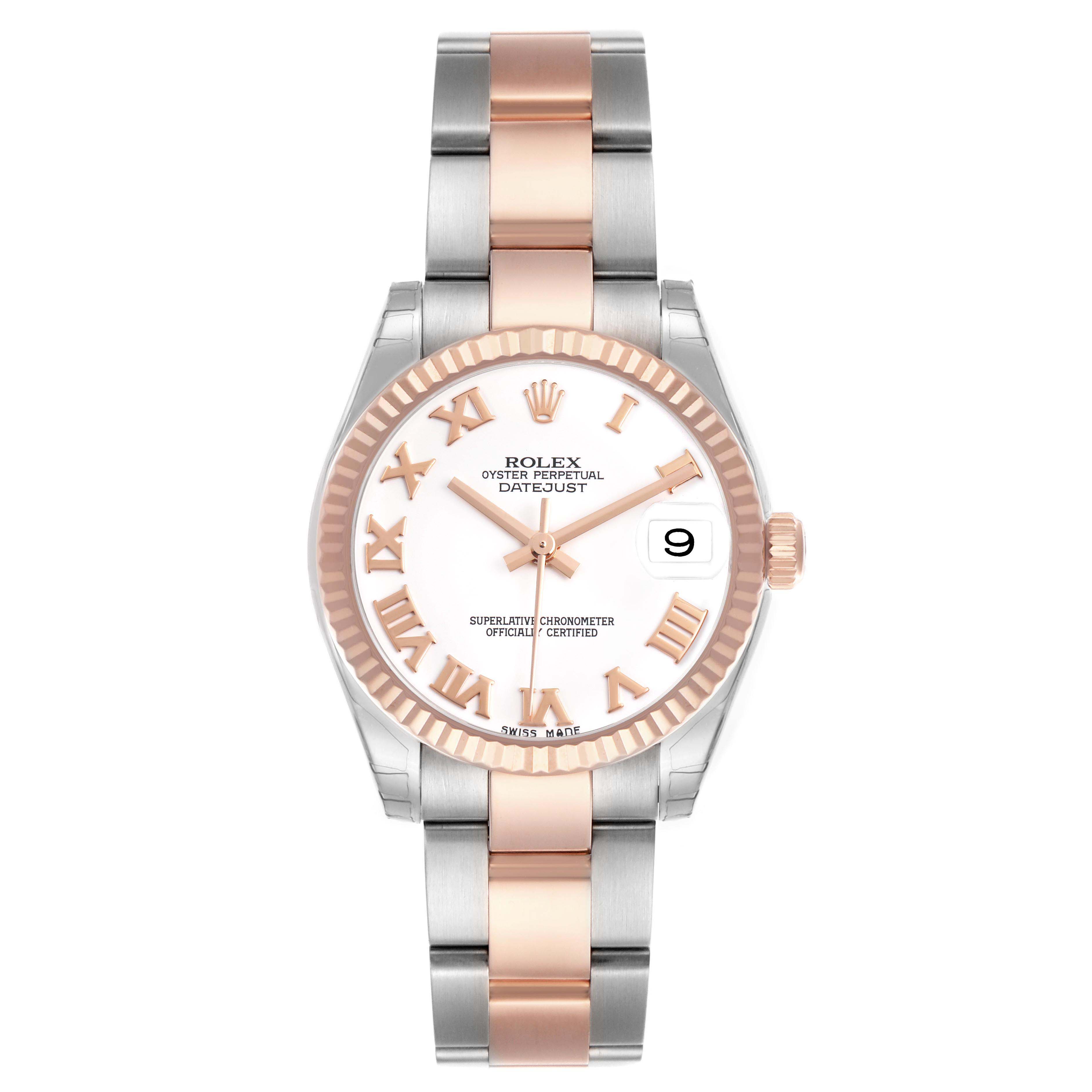 The Rolex Datejust 178271 Women's Stainless Steel White Dial watch is shown from a top-down angle, displaying its face, fluted bezel, and two-tone bracelet.