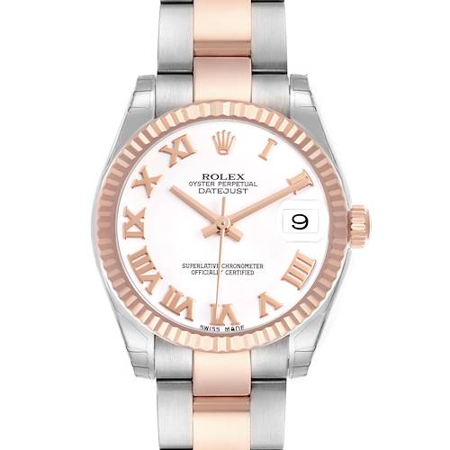 The Rolex Datejust 178271 Women's Stainless Steel White Dial watch is shown from the front, displaying the face, bezel, crown, and part of the bracelet.