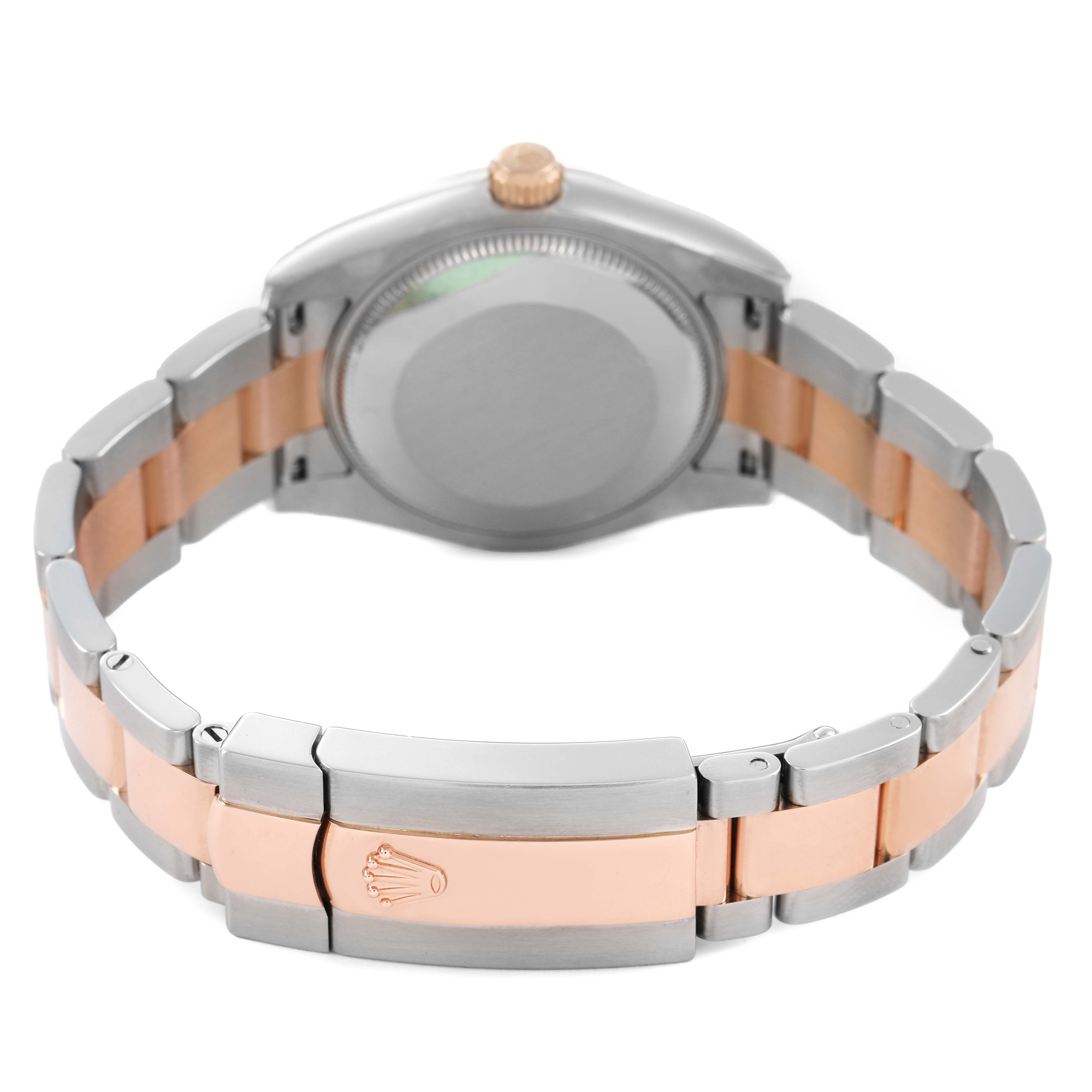 The Rolex Datejust 178271 Women's Stainless Steel White Dial is shown from the back, highlighting the bracelet and clasp with the crown logo visible.