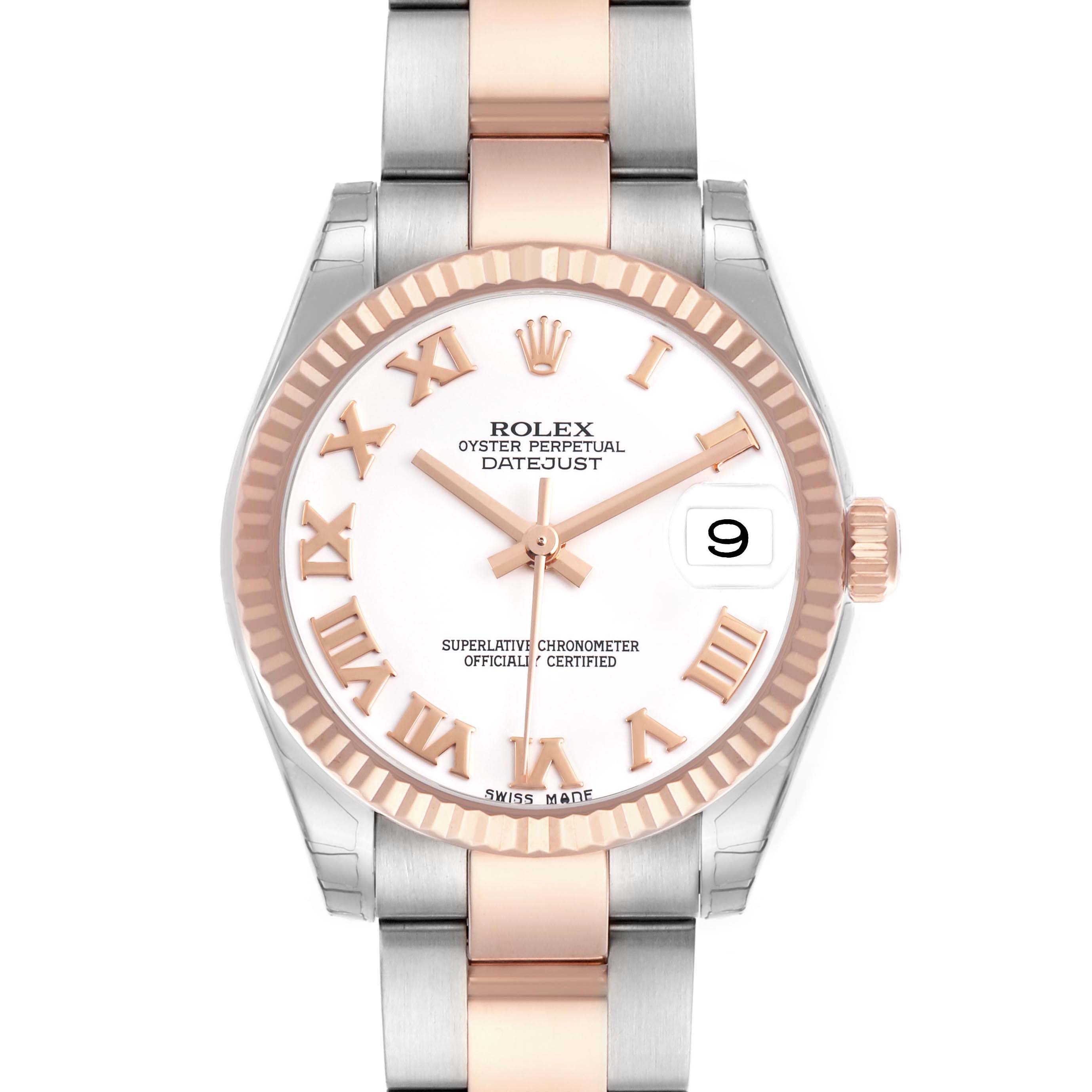 The Rolex Datejust 178271 Women's Stainless Steel White Dial watch is shown from the front, displaying the dial, bezel, and part of the bracelet.