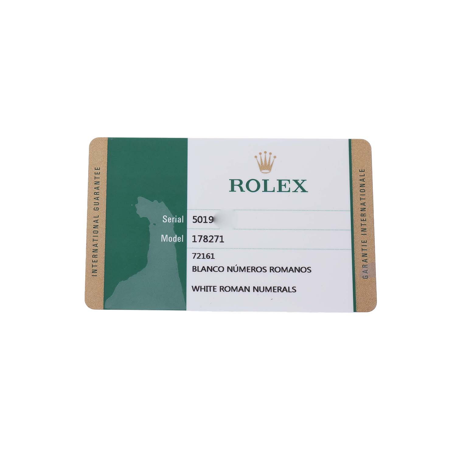 The image shows a Rolex guarantee card for the Datejust model, primarily viewed from the front.