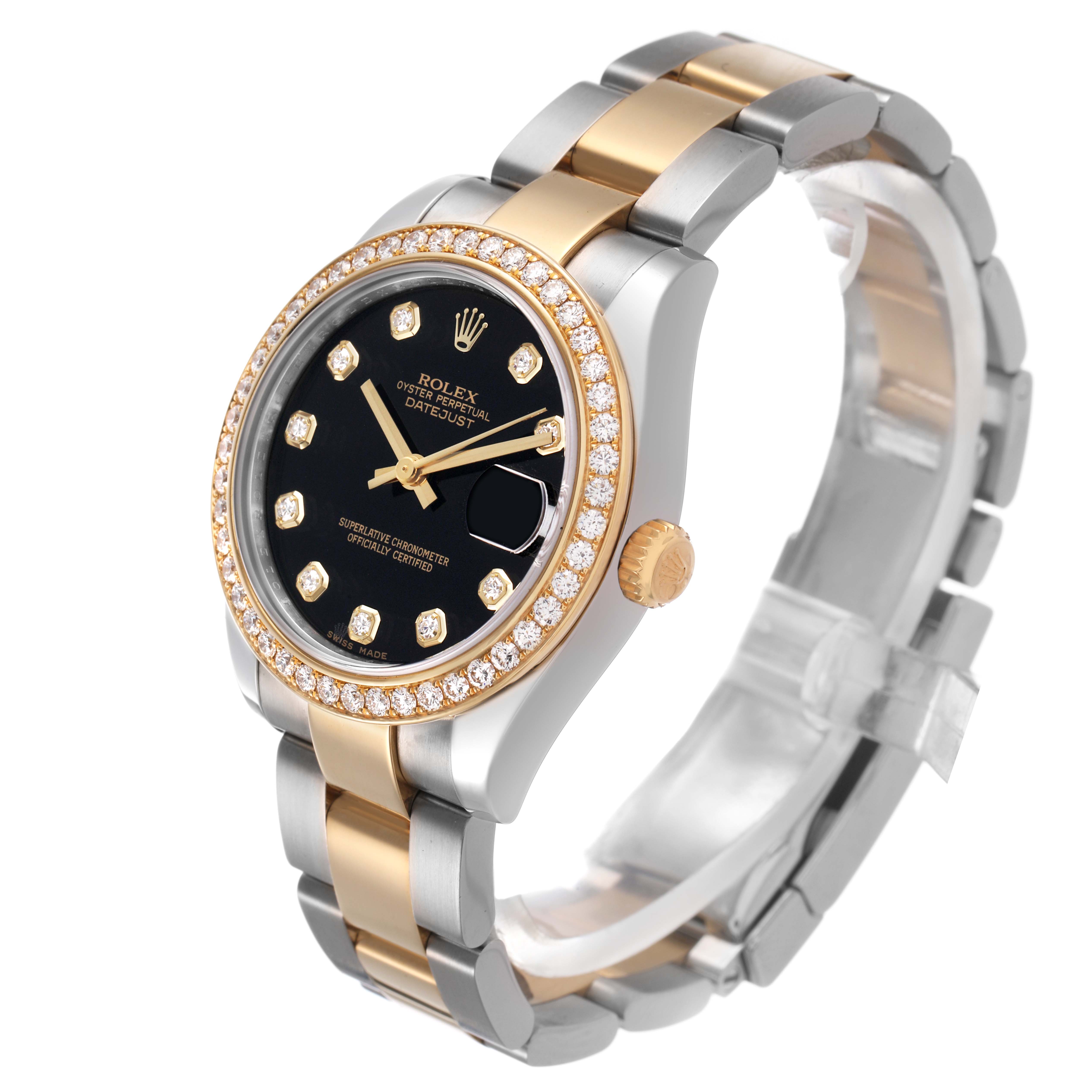 The Rolex Datejust 178383 Women's Steel and Gold (two tone) Black Dial watch is shown from an angled side view, highlighting the bezel, dial, bracelet, and crown.