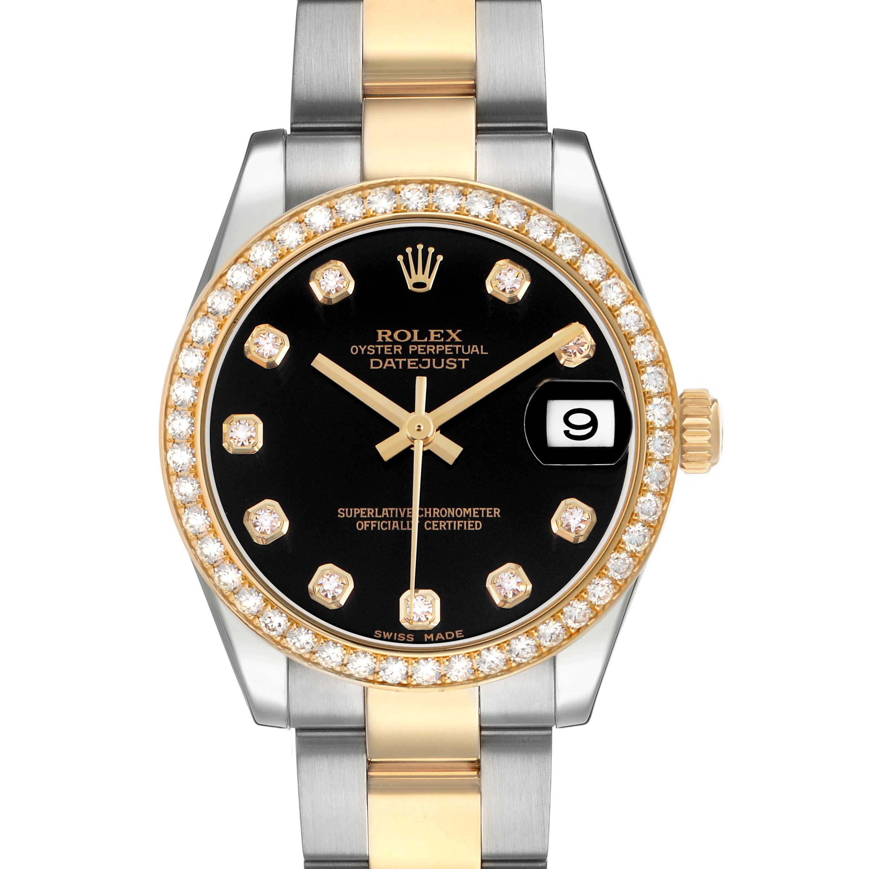 The Rolex Datejust 178383 Women's Steel and Gold (two tone) Black Dial watch is shown from the front, highlighting its black dial, diamond markers, and gold-studded bezel.