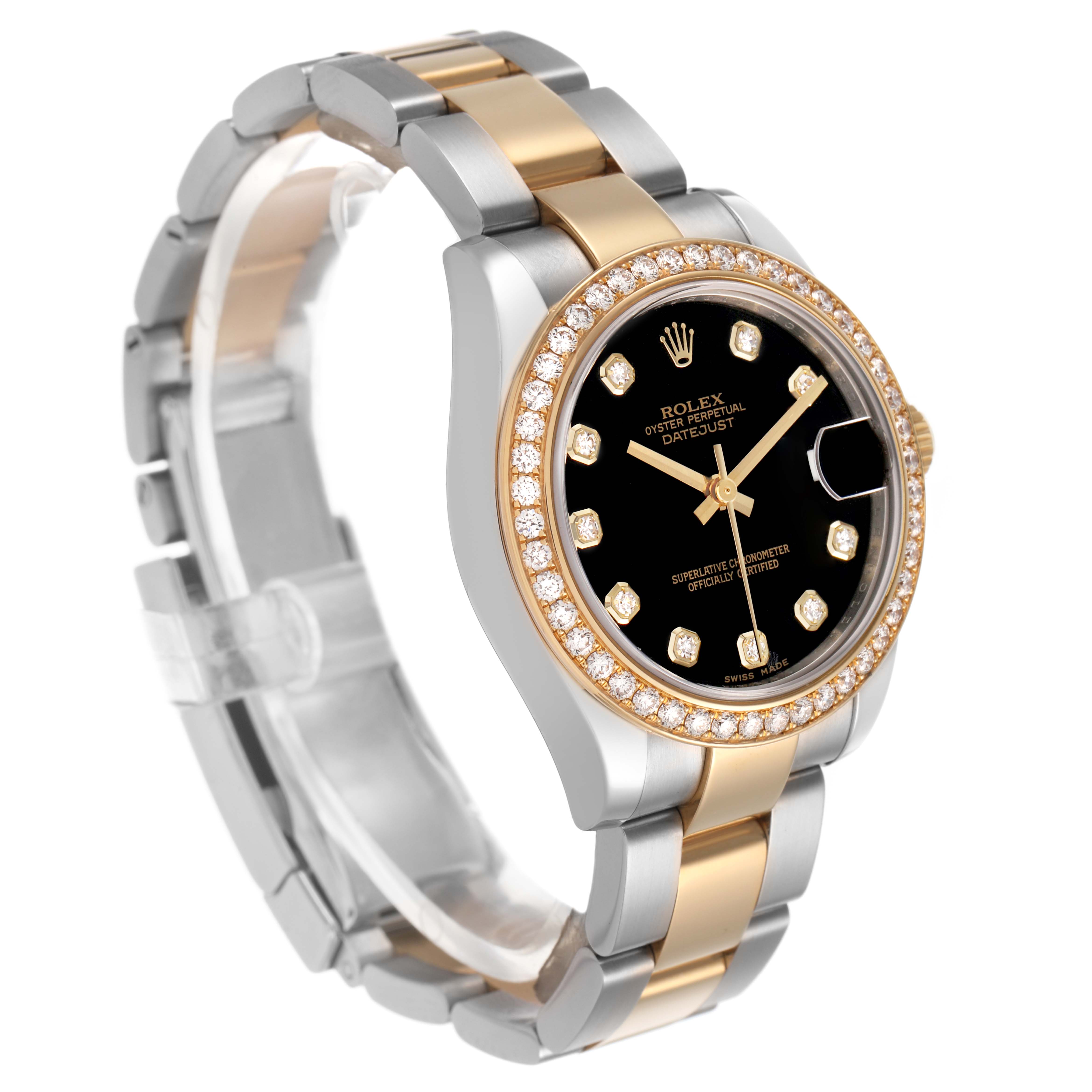 The Rolex Datejust 178383 Women's Steel and Gold (two tone) Black Dial watch is shown at an angled side view, displaying the gold and silver bracelet, diamond hour markers, and bezel.