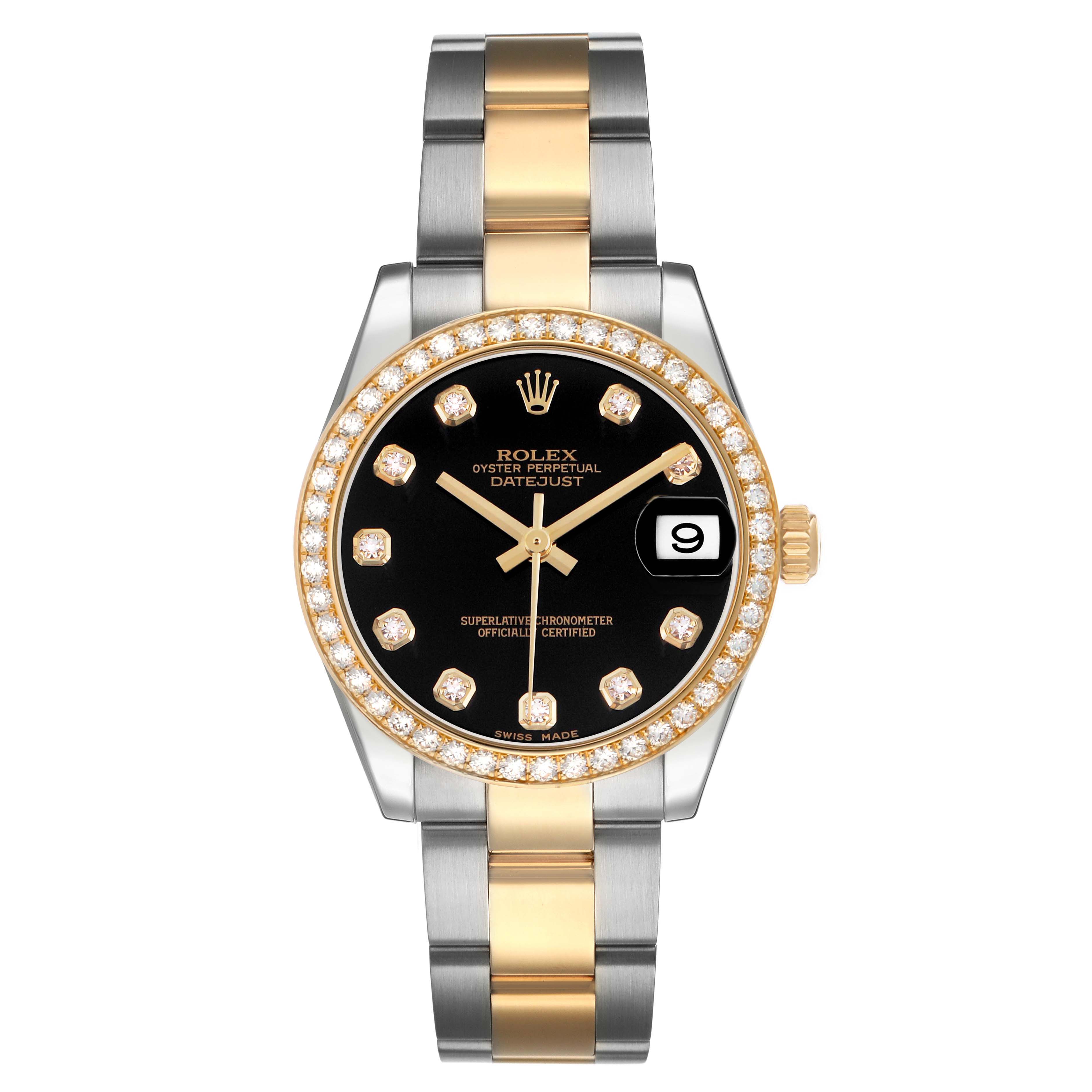 The Rolex Datejust 178383 Women's Steel and Gold (two tone) Black Dial watch is shown from a top-down angle, highlighting the bezel, dial, and two-tone bracelet.