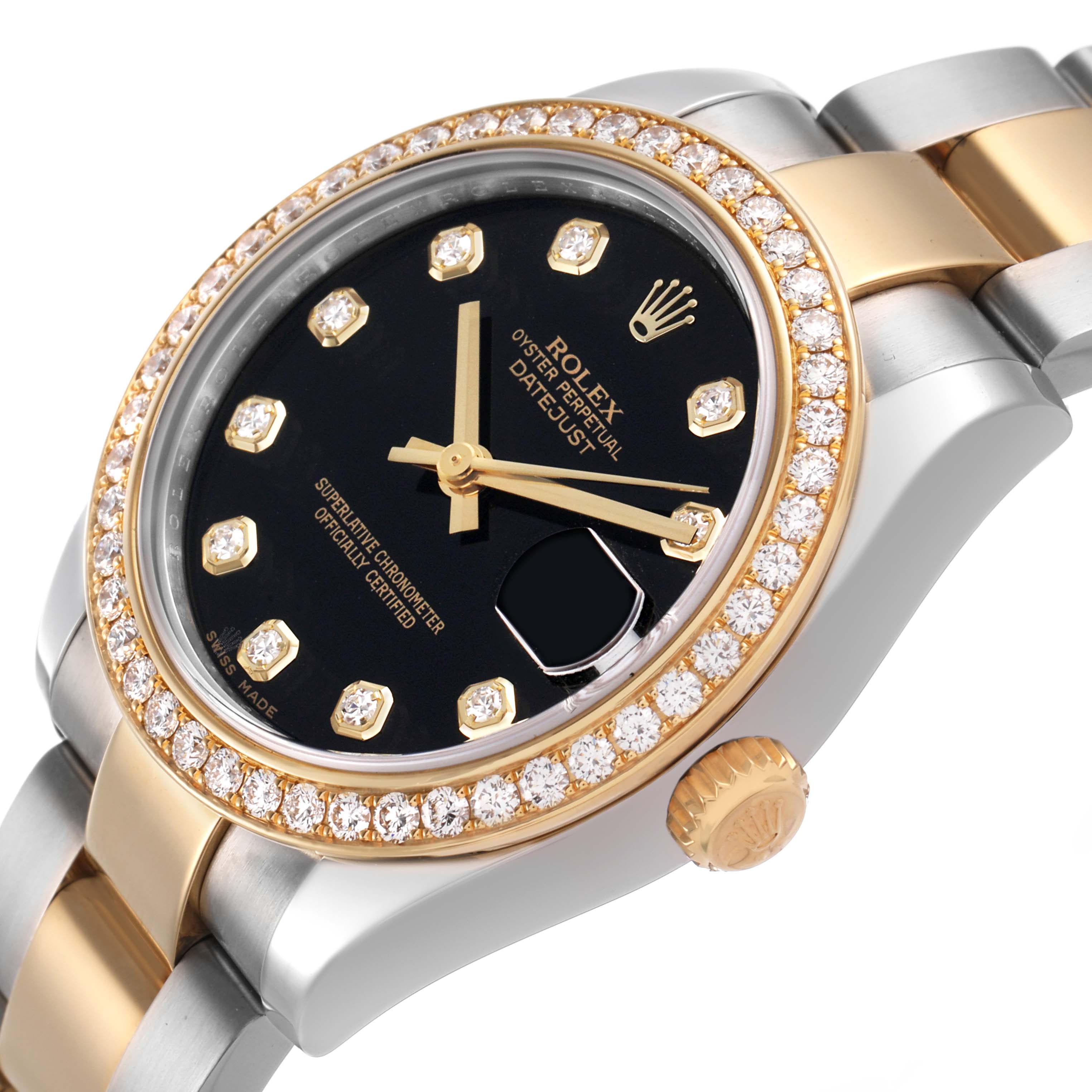 The Rolex Datejust 178383 Women's Steel and Gold (two tone) Black Dial watch is shown at a slight angle, highlighting its bezel, dial, crown, and part of the bracelet.